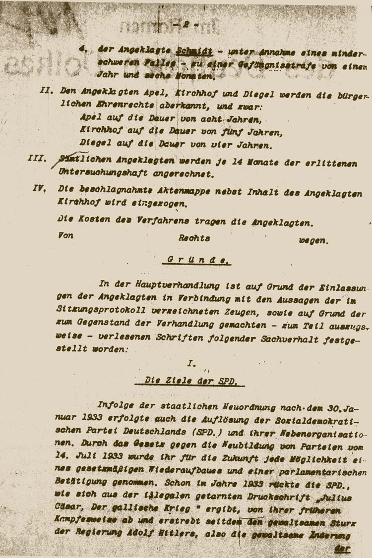 Auszug aus dem Urteil des Volksgerichtshofes gegen Paul Apel, Paul Kirchhof, Paul Schmidt und Heinrich Diegel „wegen Vorbereitung zum Hochverrat“