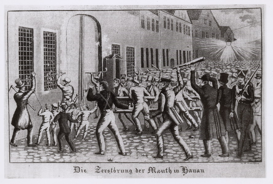 Illustration des Sturms auf das Hanauer Zollhaus am 24. September 1830 und Schrift über "die Hanauer Revolution"