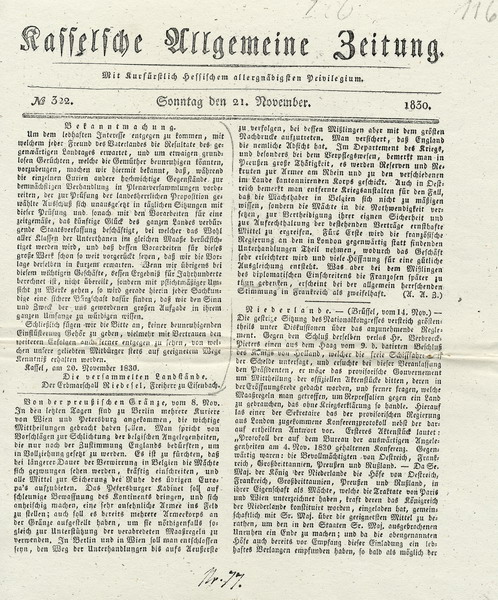 Amtliche Bekanntmachungen in der "Kasselschen Allgemeinen Zeitung" vom 21. November 1830 über den Fortgang der Verfassungsberatungen