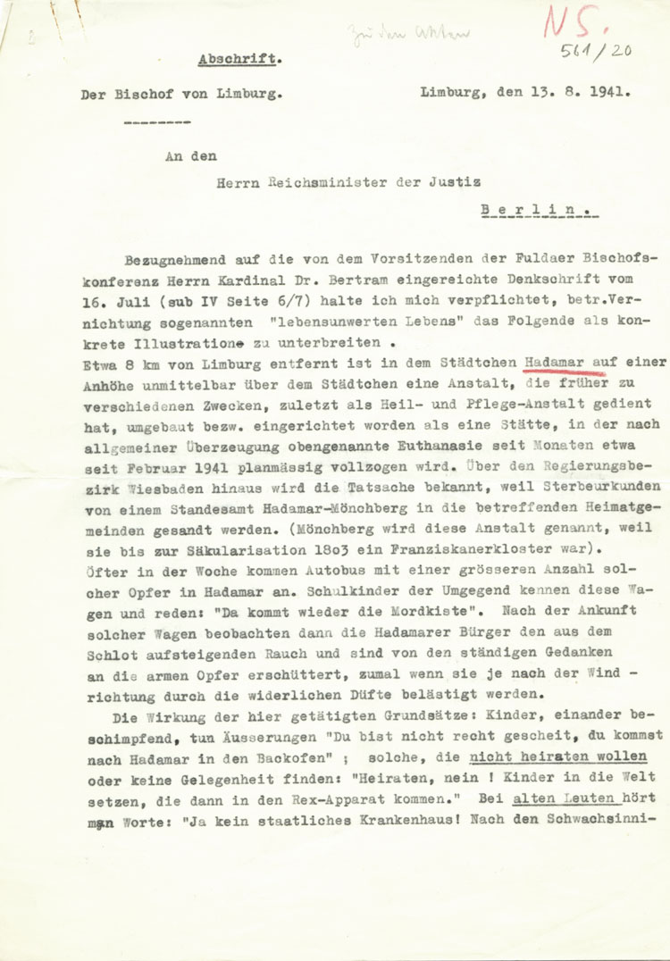 Protestschreiben des Limburger Bischofs Antonius Hilfrich an den Reichsjustizminister wegen der Euthanasiemorde in Hadamar, 13. August 1941