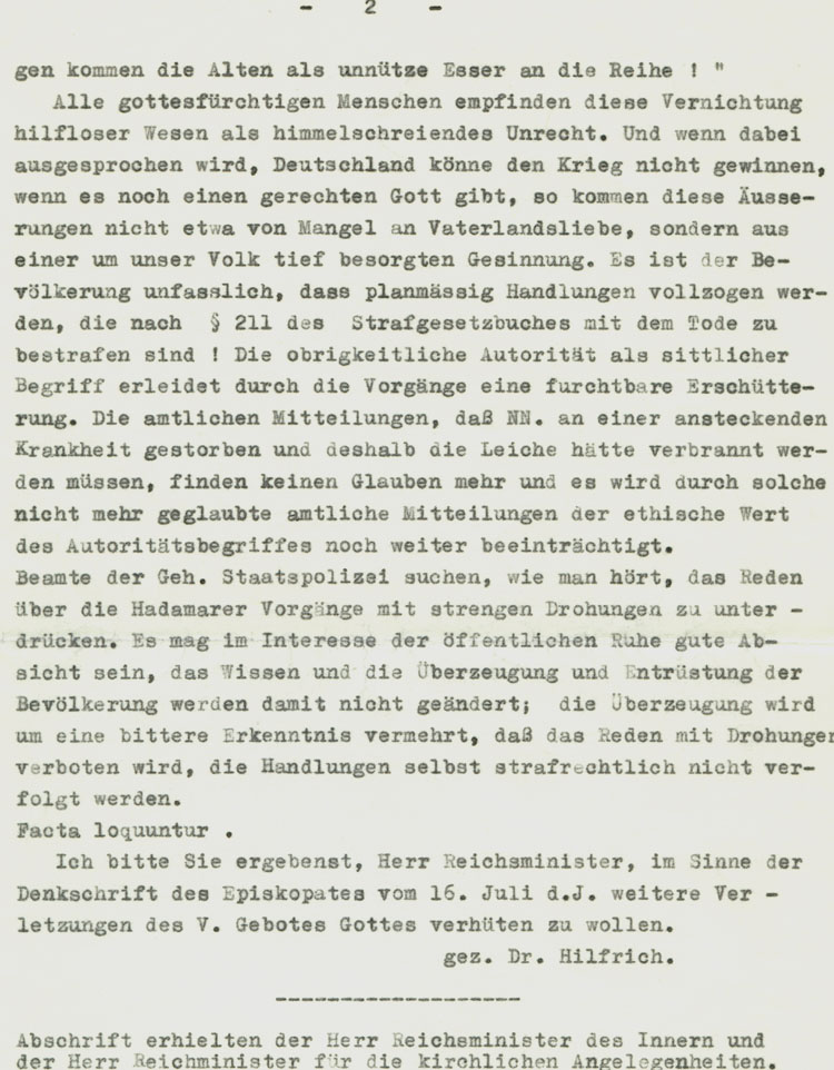 Protestschreiben des Limburger Bischofs Antonius Hilfrich an den Reichsjustizminister wegen der Euthanasiemorde in Hadamar, 13. August 1941