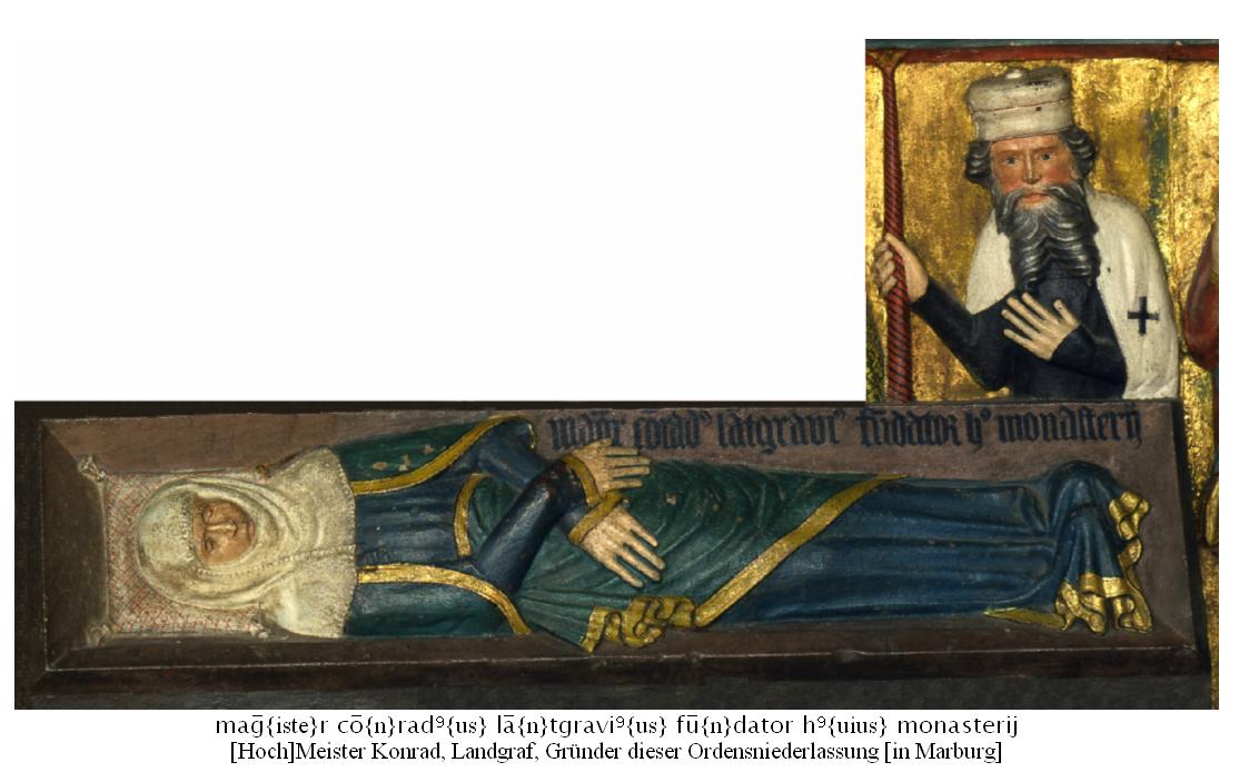 Relief der Elisabethkirche mit Darstellung des Landgrafen Konrad von Thüringen, der in die Heiligsprechung Elisabeths eingreift, 1234