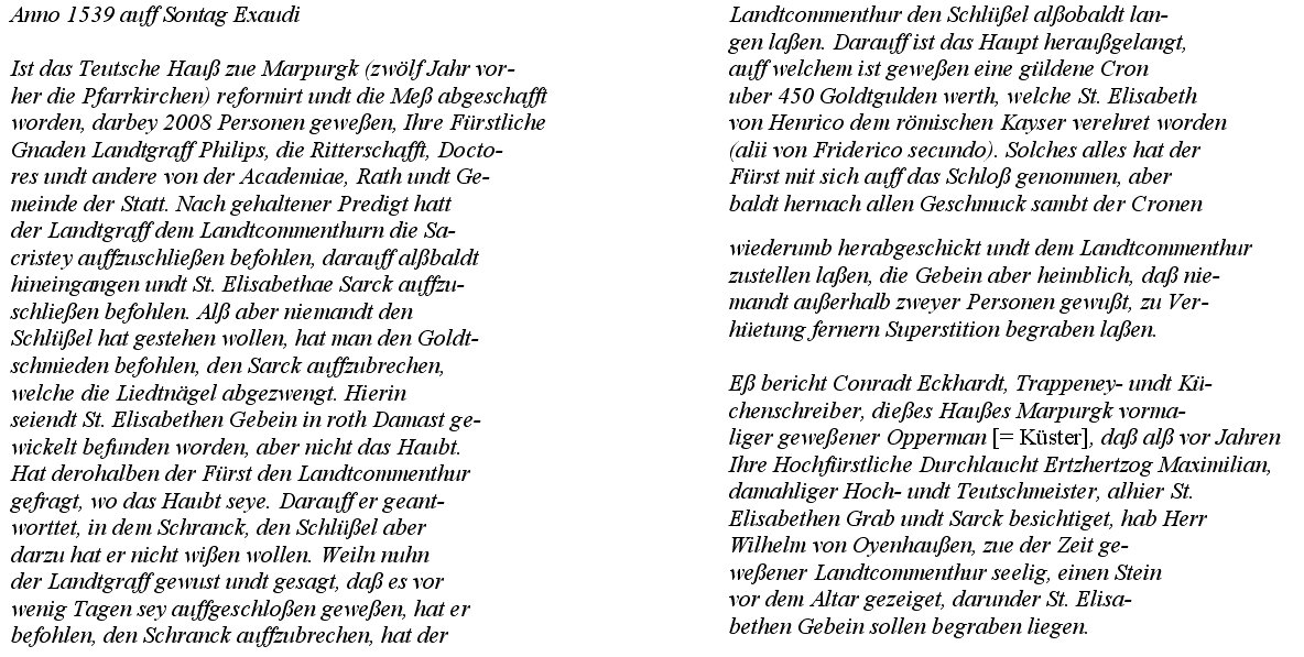 Bericht des David Gottschalk Höping über den Raub der Elisabeth-Reliquien aus der Elisabethkirche zu Marburg am 18. Mai 1539