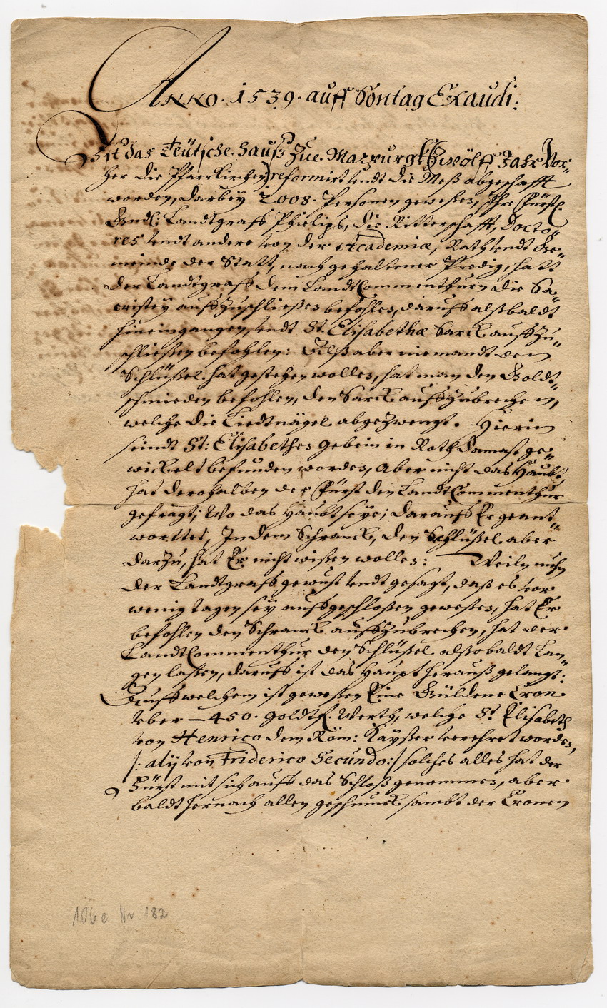 Bericht des David Gottschalk Höping über den Raub der Elisabeth-Reliquien aus der Elisabethkirche zu Marburg am 18. Mai 1539