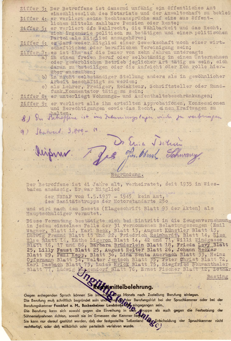 Meldebogen des und Spruchkammerurteil über den berüchtigten Gestapobeamten Ernst Richardt, 1948