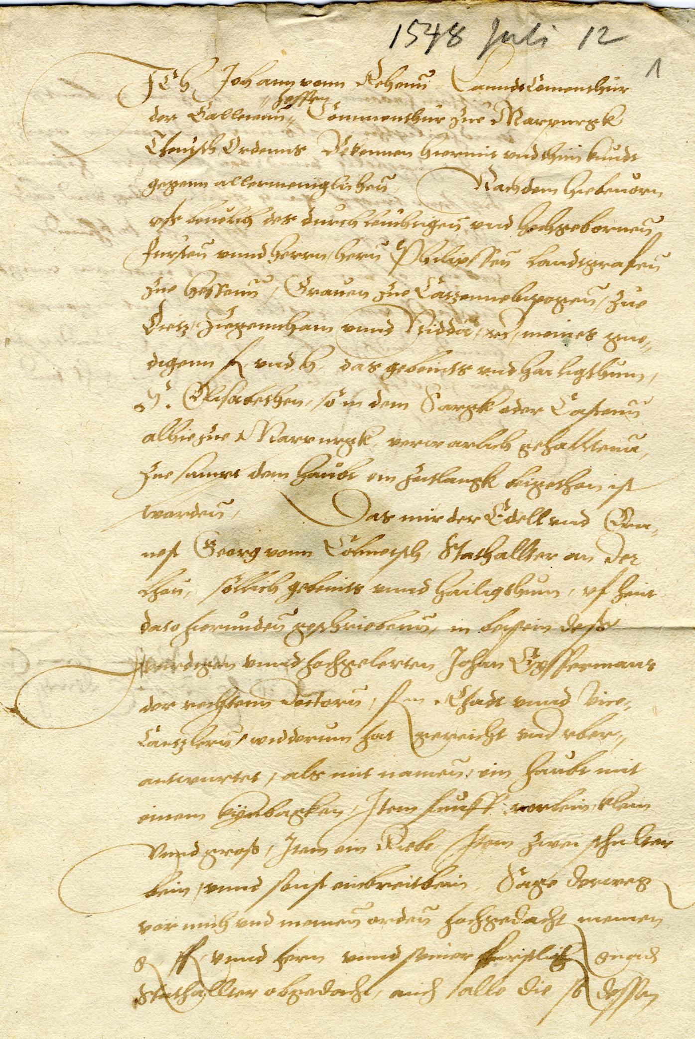 Quittung über die Rückgabe der Elisabeth-Reliquien durch den landgräflichen Statthalter an der Lahn Georg v. Kolmatsch, an Johann von Rehen, Landkomtur der Deutschordensballei Hessen und Komtur der Deutschordenskommende Marburg, 12 Juli 1548