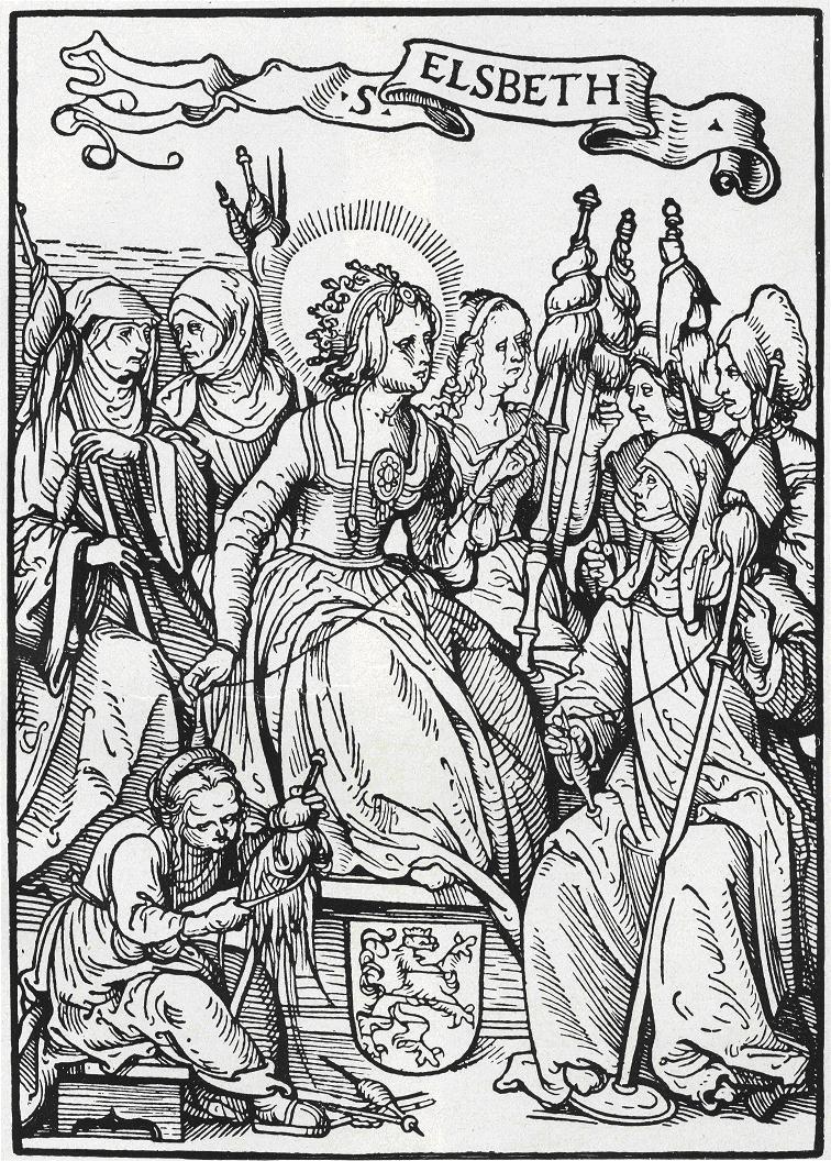 Holzschnitt von Hans Baldung Grien der Landgräfin Elisabeth von Thüringen und ihrer Hofdamen
beim Wollespinnen, 1511