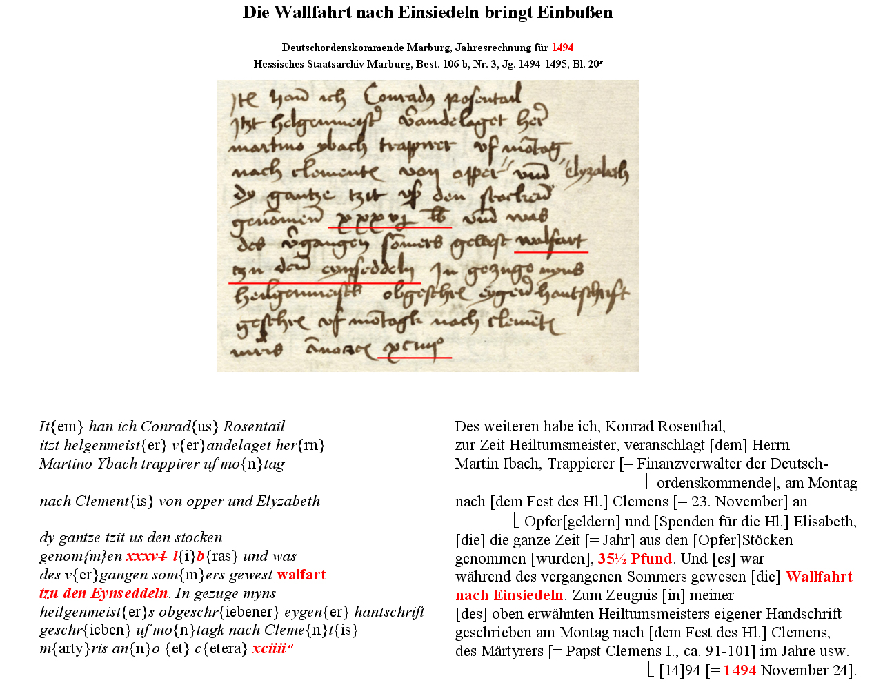 Die Wallfahrt nach Einsiedeln in den Rechnungsbüchern der Deutschordenskommende Marburg, 1494