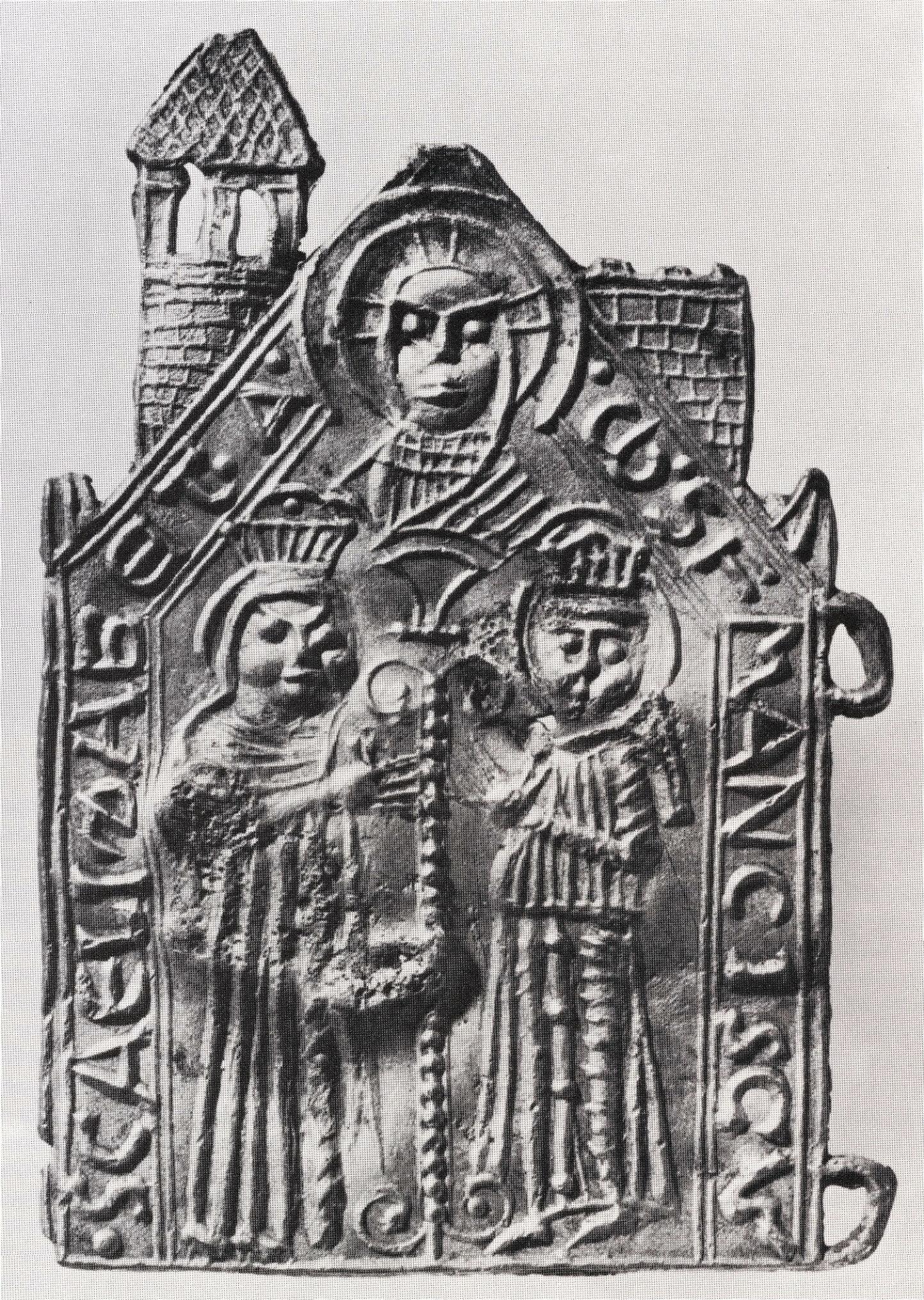 Pilgerzeichen, der Heiligen Elisabeth mit dem Heiligen Franziskus von Assisi, darüber ein Christus-Bild (Vera icon).  -Ein Pilgerzeichen für die Wallfahrt nach Marburg?