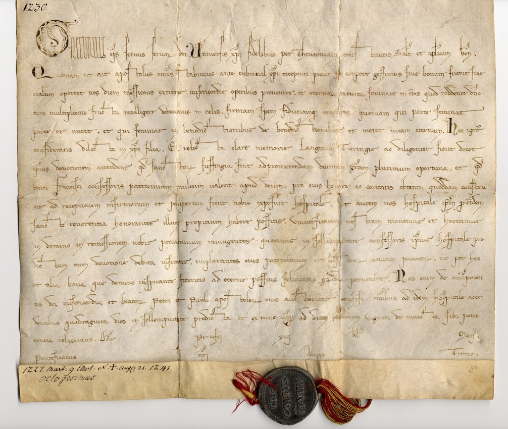 Papst Gregor IX. gewährt allen Besuchern des Franziskus-Hospitals zu Marburg einen Sündenablaß, 1229