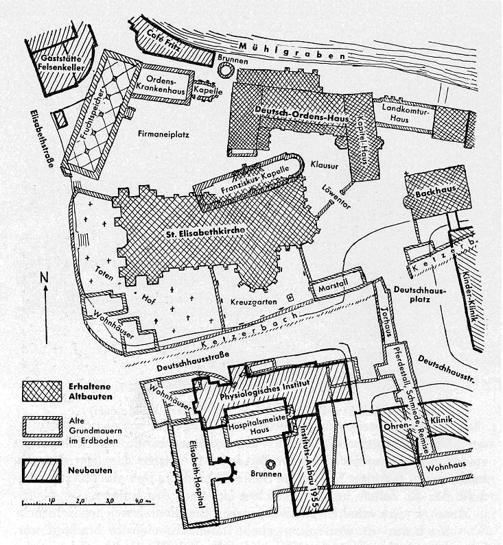 Zeichnung des innerern Bereich des Deutschordens-Geländes zu Marburg von 1964