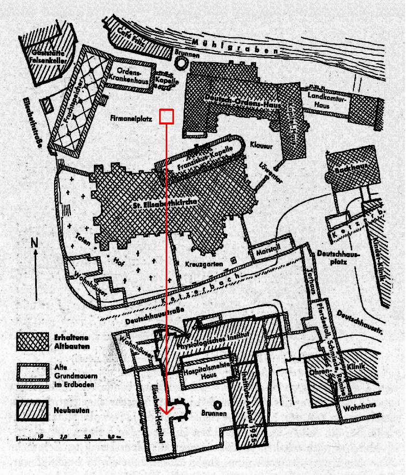 Zeichnung des innerern Bereich des Deutschordens-Geländes zu Marburg von 1964