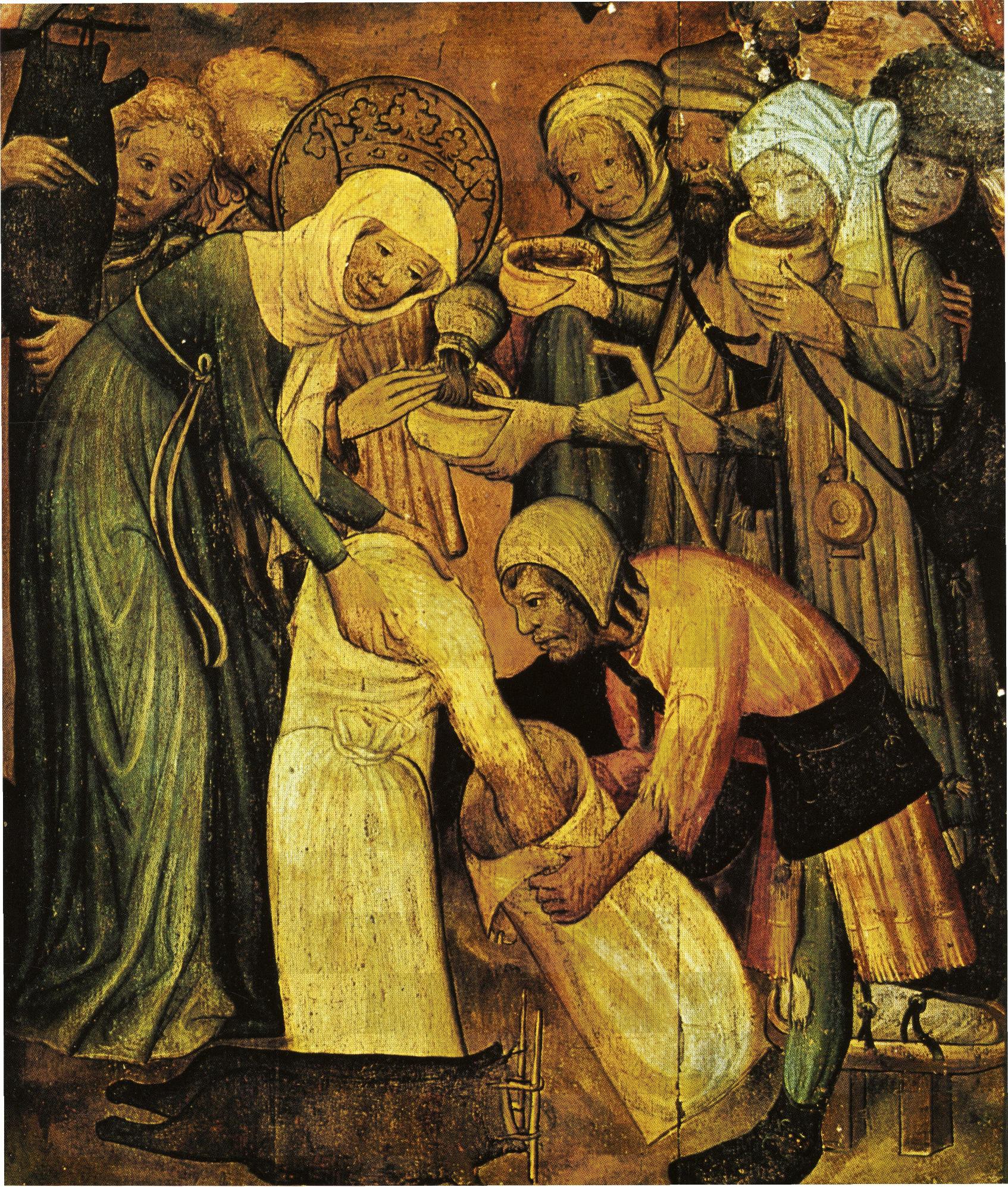Gemälde: Elisabeth verteilt Getreide aus den landgräflichen Kornspeichern an Bedürftige während der Hungersnot 1226, zwischen 1420 - 1430