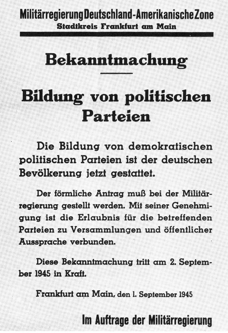 Zulassung politischer Parteien in der amerikanischen Besatzungszone am 1. September 1945