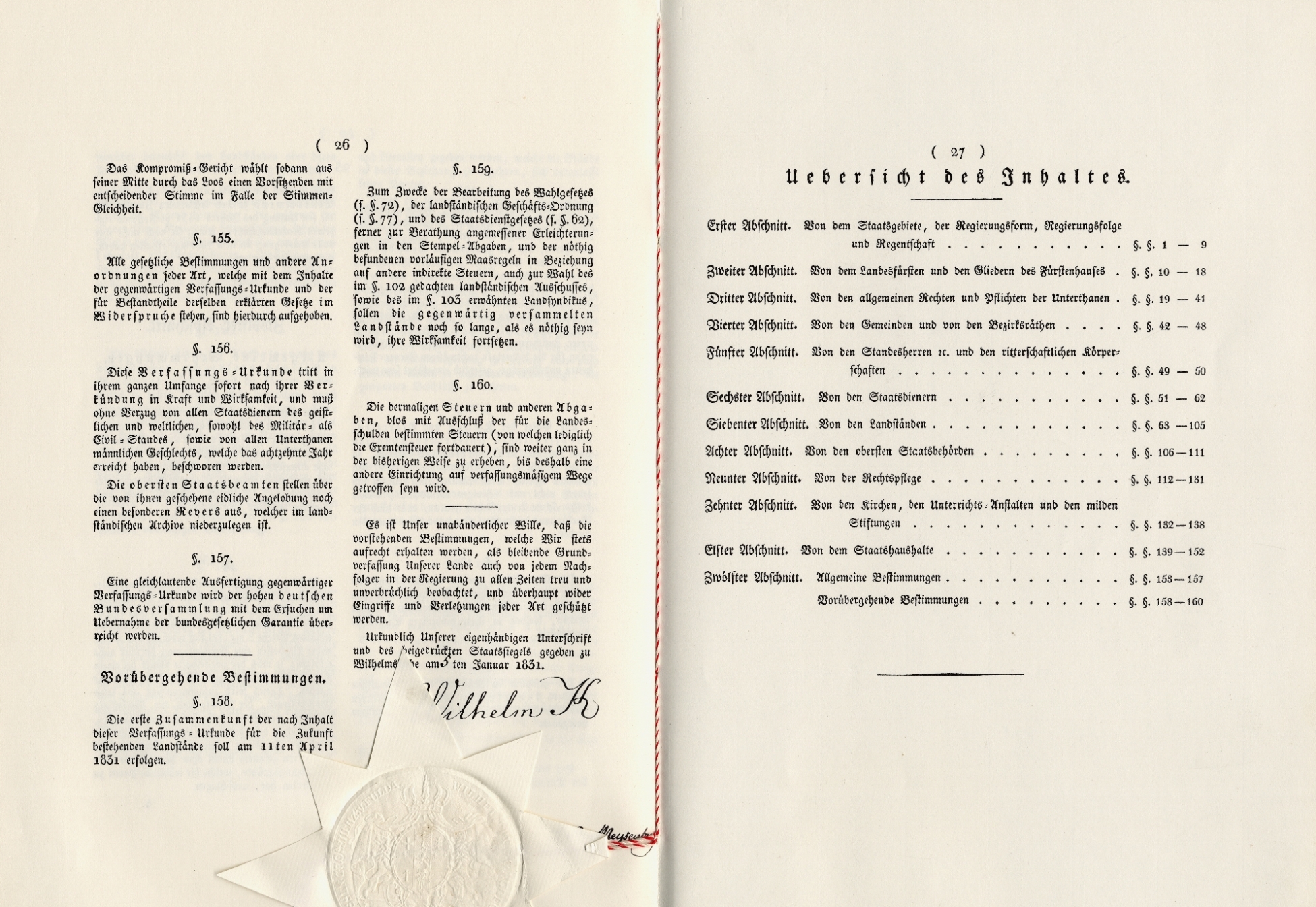 Kurhessische Verfassungsurkunde in herrschaftlichem Rot, gesiegelt und unterschrieben durch den Kurfürsten, 5. Januar 1831