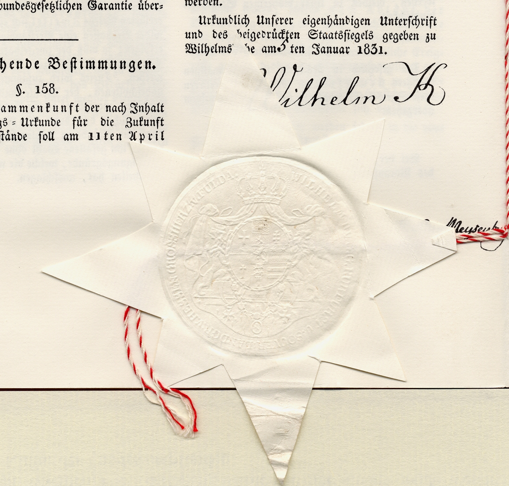 Kurhessische Verfassungsurkunde in herrschaftlichem Rot, gesiegelt und unterschrieben durch den Kurfürsten, 5. Januar 1831
