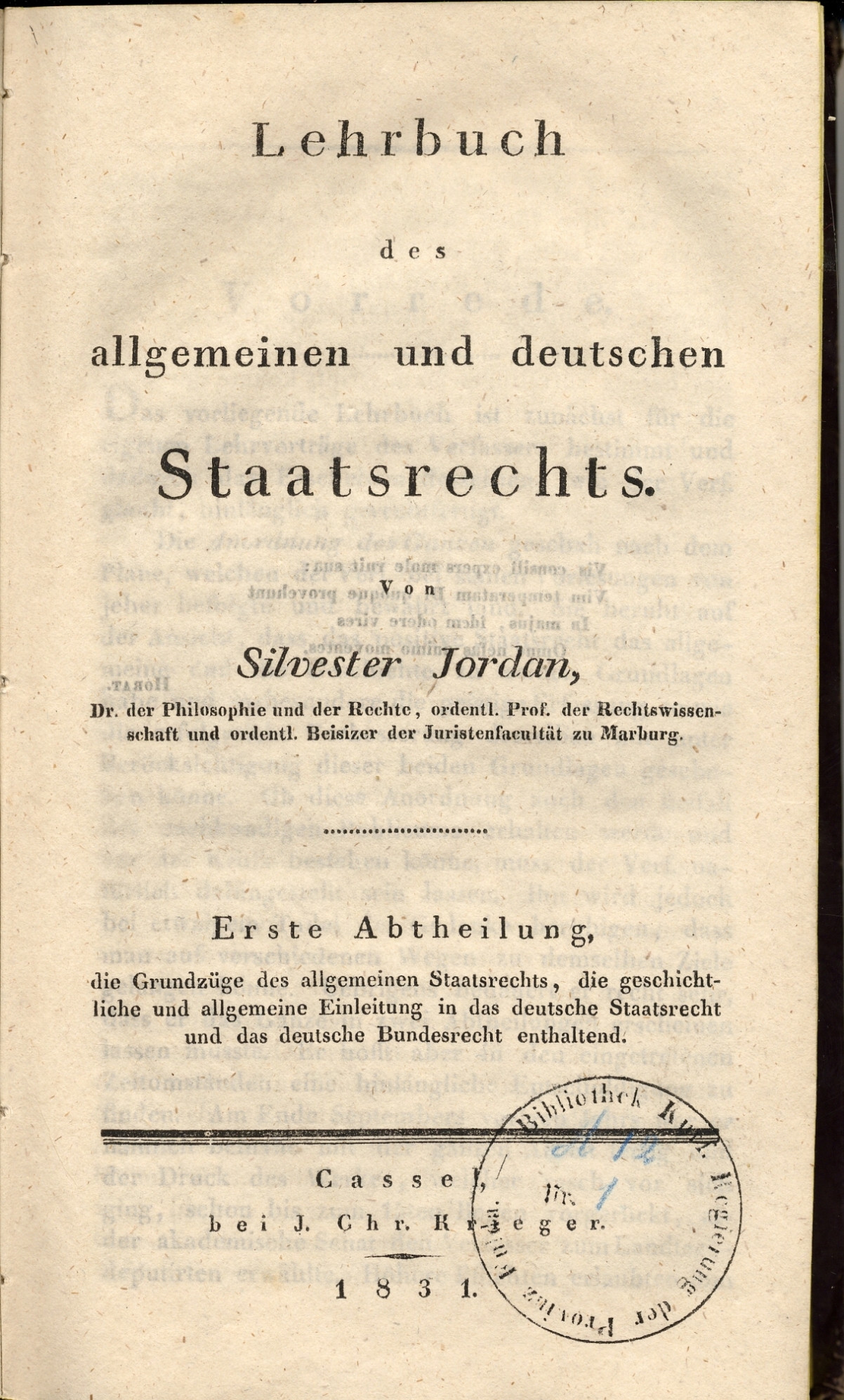 Sylvester Jordans "Lehrbuch des allgemeinen und deutschen Staatsrechts", 1831