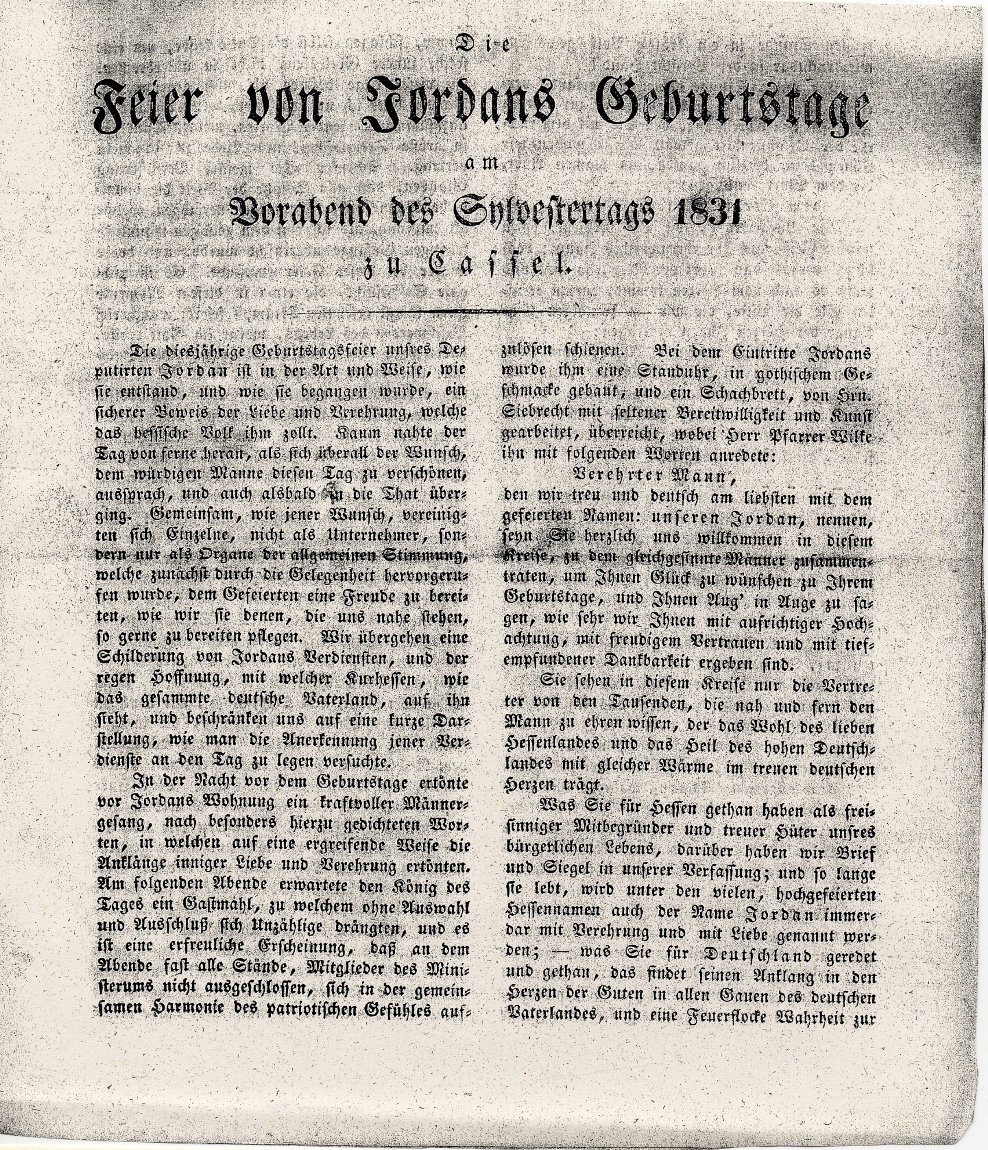 Kasseler Festdruck zum Geburtstag des Verfassungsvaters Sylvester Jordan am 31. Dezember 1831