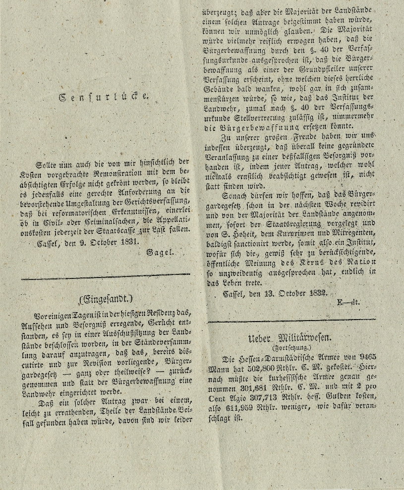 Öffentliche Meldungen des „Verfassungsfreundes“ im Zusammenhang mit der Verfassung1831.