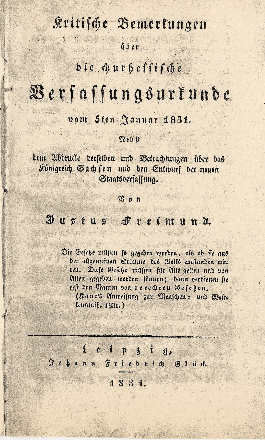 Hanauer, Kasseler, Würzburger und Leipziger Drucke zur Verfassung, die 1831 überwiegend anonym erschienen