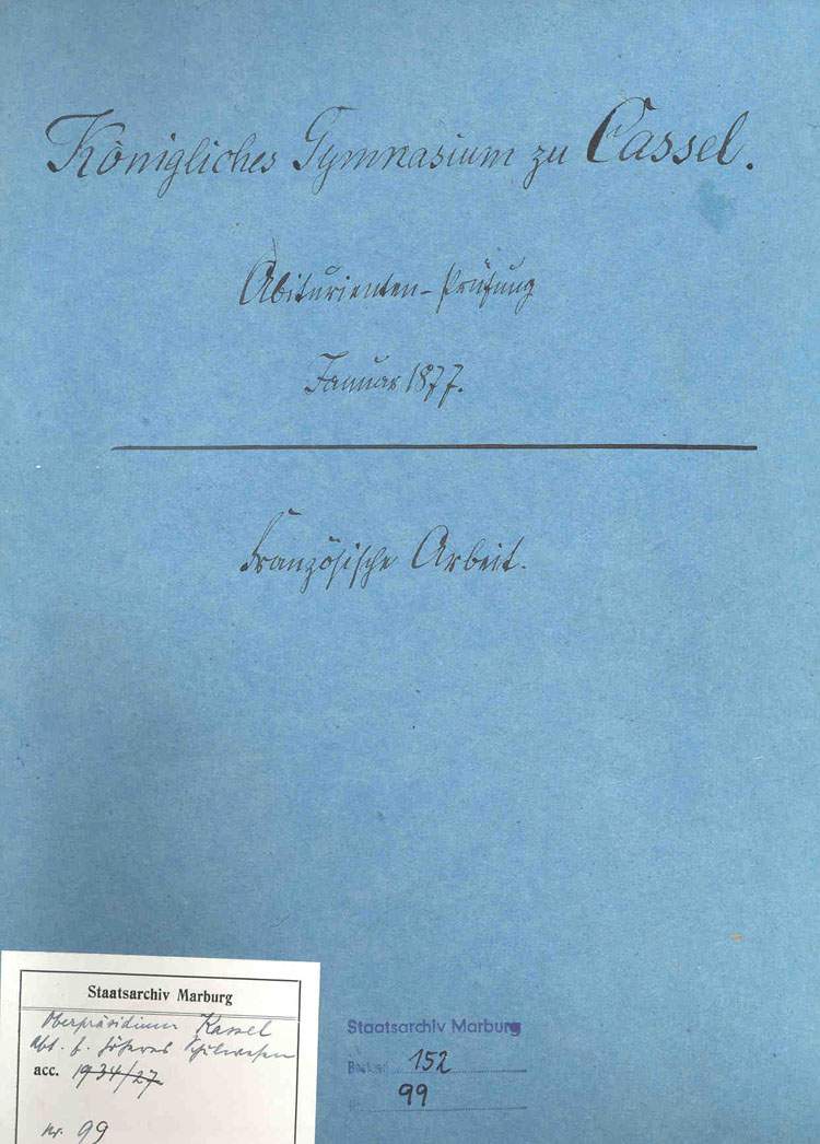 Abitur Französisch-Übersetztung des Prinzen Wilhelm von Preußen, dem späteren Kaiser Wilhelm II., 1876