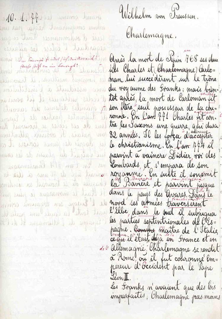 Abitur Französisch-Übersetztung des Prinzen Wilhelm von Preußen, dem späteren Kaiser Wilhelm II., 1876