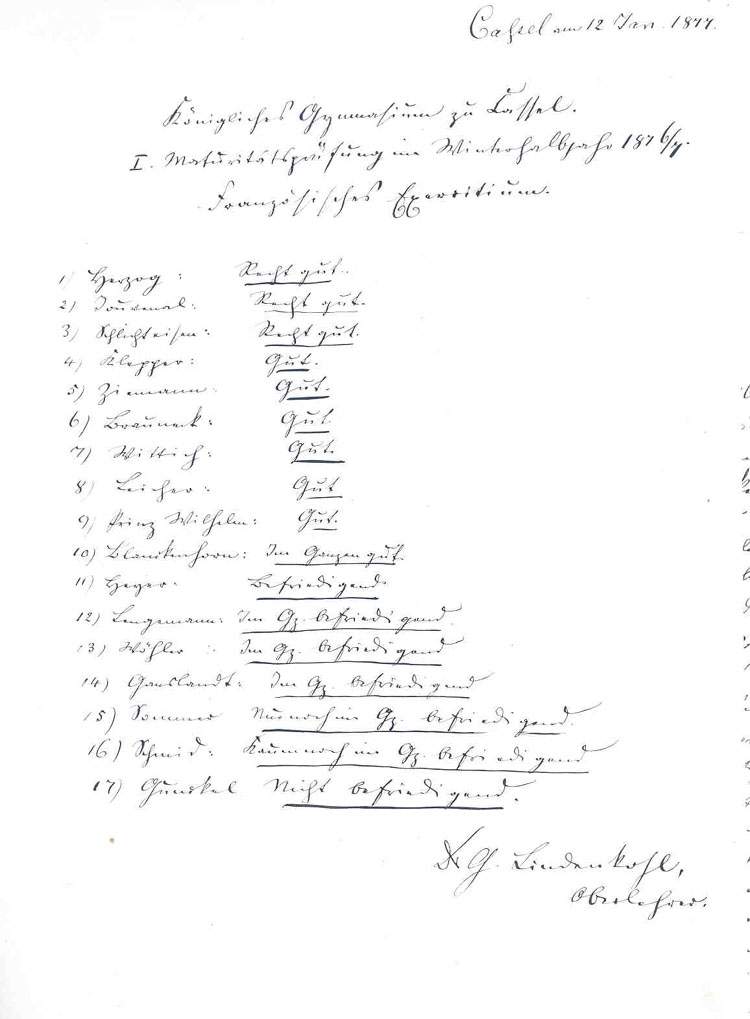 Abitur Französisch-Übersetztung des Prinzen Wilhelm von Preußen, dem späteren Kaiser Wilhelm II., 1876