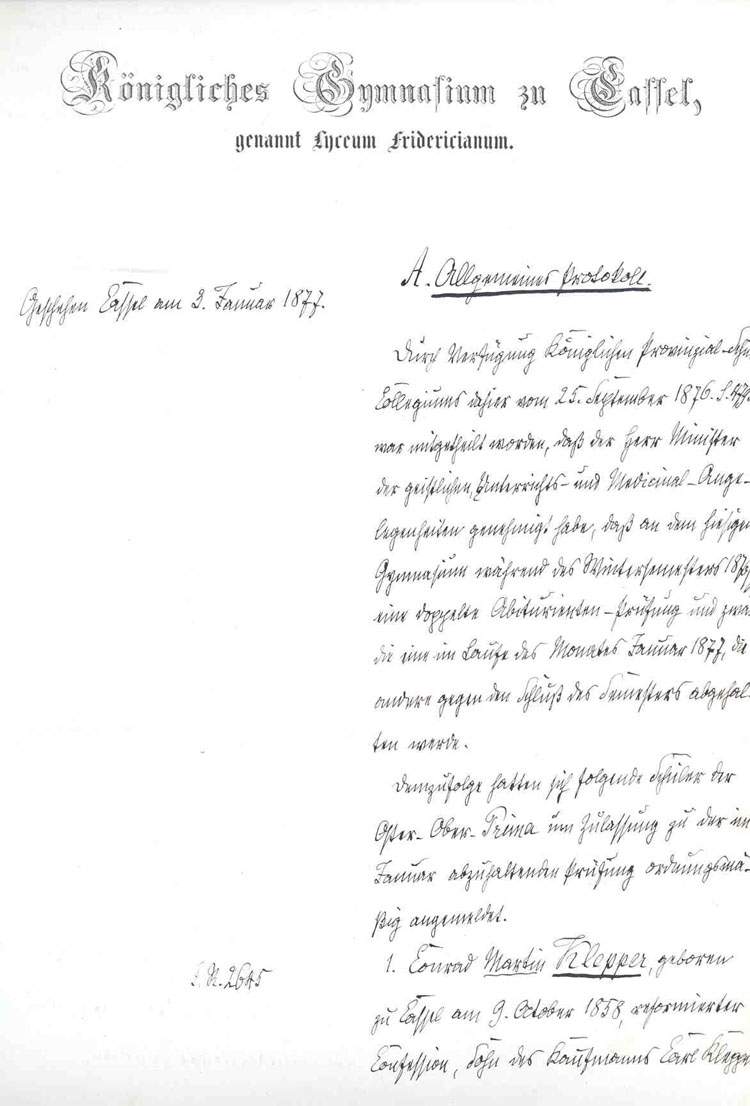 Prüfungsprotokoll, Zulassung und mündliche Prüfung im Fach Geschichte - des Prinzen Wilhelm von Preußen, dem späteren Kaiser Wilhelm II., 1876