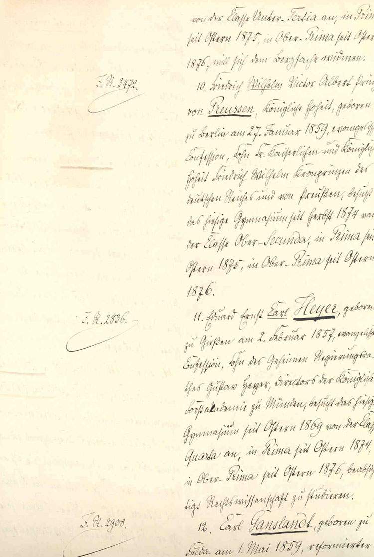 Prüfungsprotokoll, Zulassung und mündliche Prüfung im Fach Geschichte - des Prinzen Wilhelm von Preußen, dem späteren Kaiser Wilhelm II., 1876