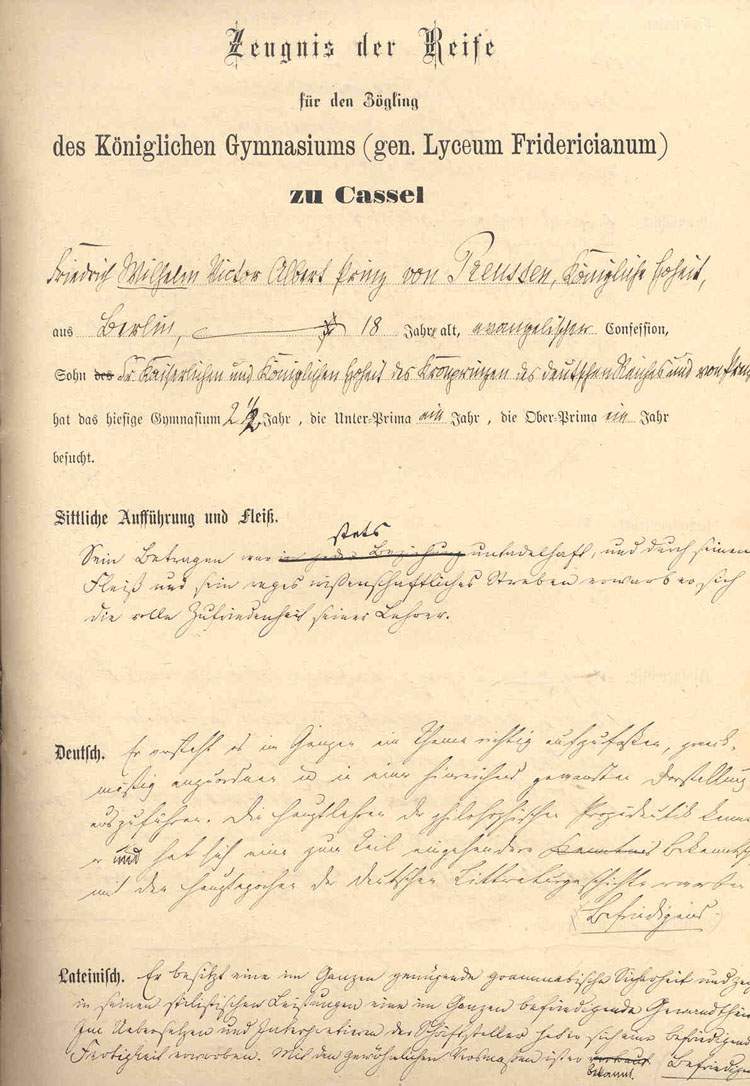 Reife-Zeugnis des Prinz Wilhelm, dem späteren Kaiser Wilhelm II.,  24.1.1877