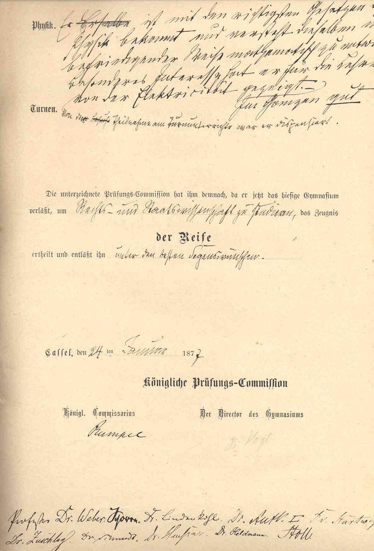 Reife-Zeugnis des Prinz Wilhelm, dem späteren Kaiser Wilhelm II.,  24.1.1877