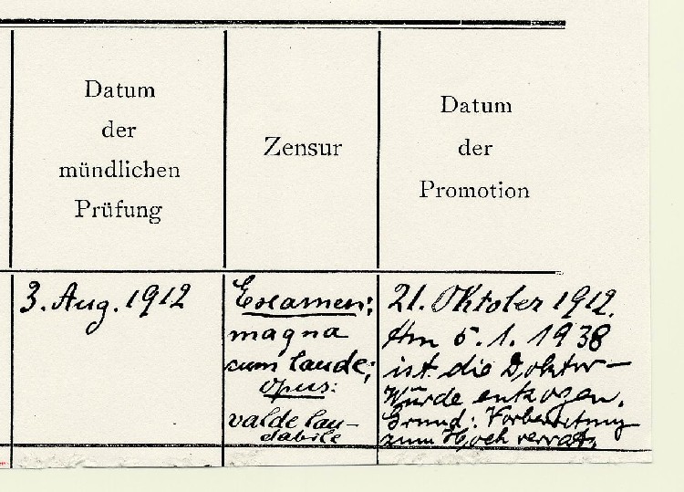 Zeugnis mit Vermerk der  Entziehung der Doktorwürde vom 5.1.1938