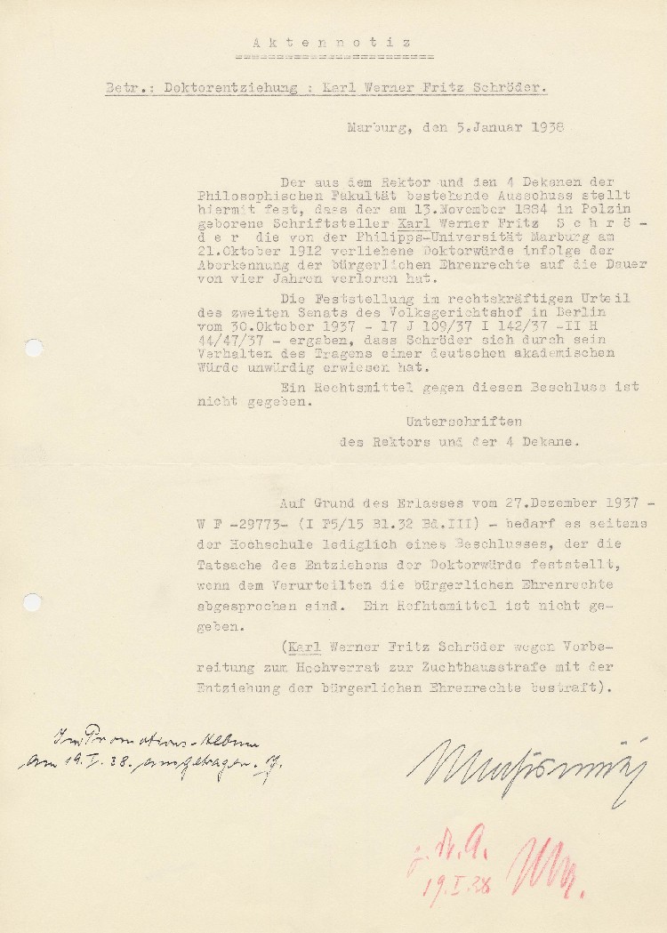 Entziehung des Doktors von Herrn Karl Werner Fritz Schröder vom 5.1.1938