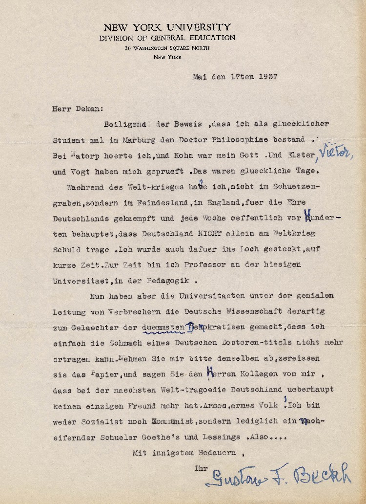 Brief von Gustav F. Beckh an den Dekan der Marubrger Universität