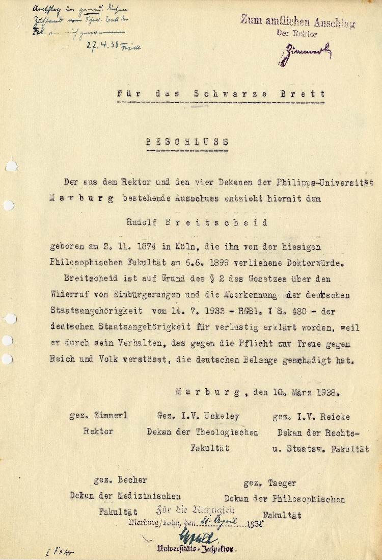 Beschluss über die Entziehung der Doktorwürde des Rudolf Breitscheid