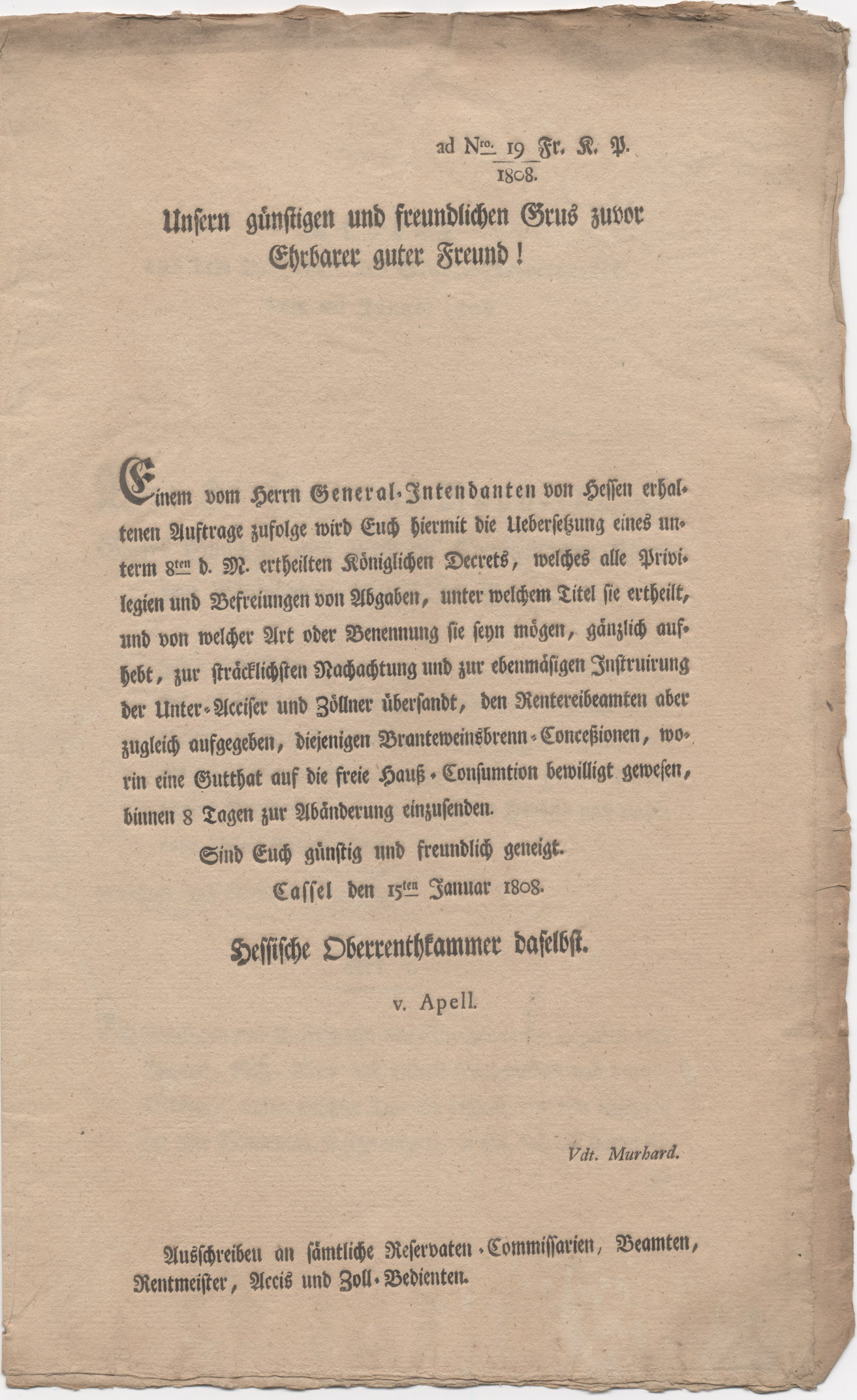 Ausschreiben der hessichen Oberrentkammer bezüglich des Dekrets über die Aufhebung aller Privilegien, 15. Januar 1808.