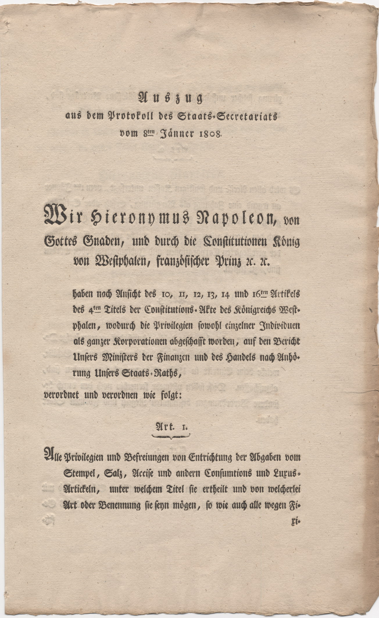 Ausschreiben der hessichen Oberrentkammer bezüglich des Dekrets über die Aufhebung aller Privilegien, 15. Januar 1808.