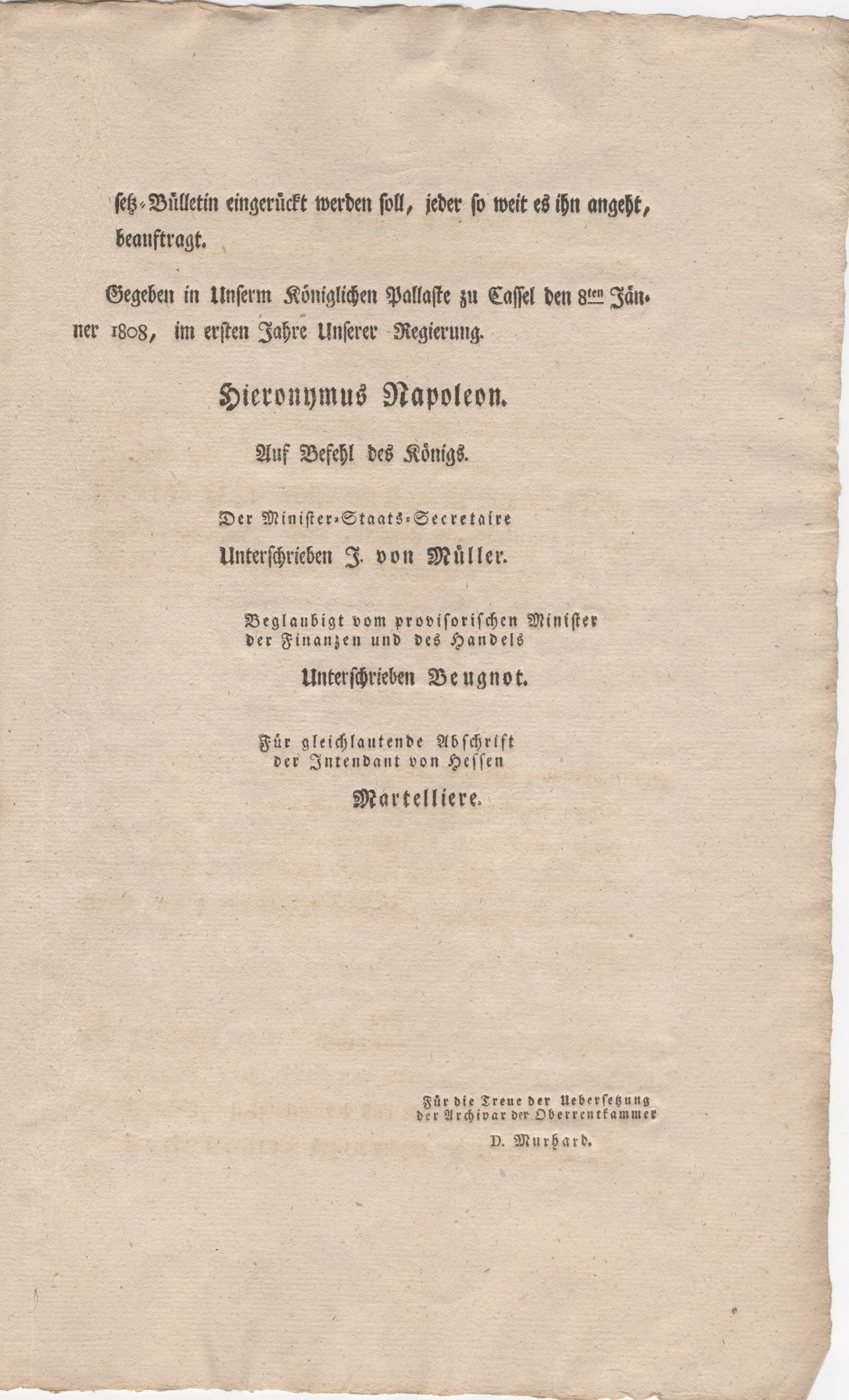 Ausschreiben der hessichen Oberrentkammer bezüglich des Dekrets über die Aufhebung aller Privilegien, 15. Januar 1808.