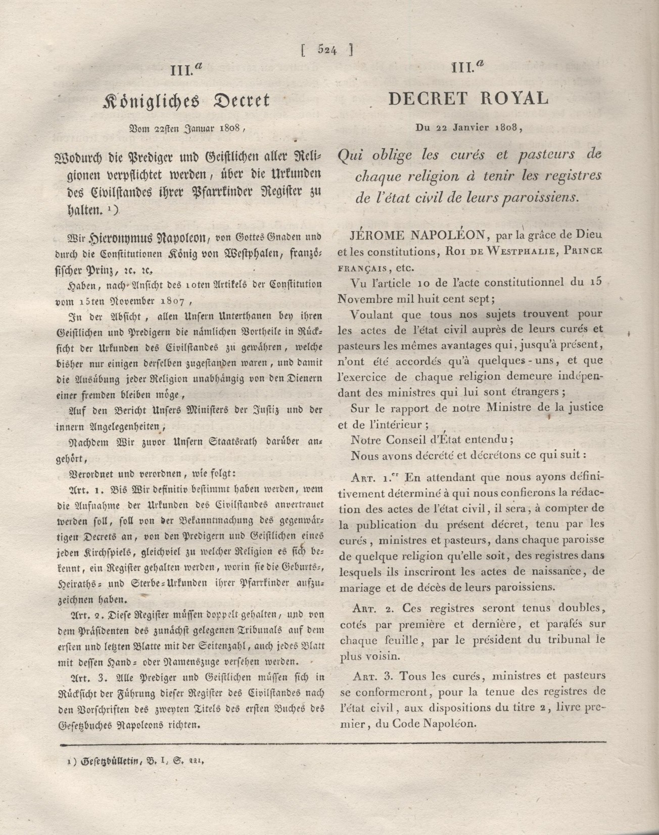 1. Auszug :  Titel, Vorwort, Einleitung, Anhänge und Inhaltsverzeichnis aus der offiziellen zweisprachige Ausgabe des Code Napoléons für das Königreich Westfalen von 1808,