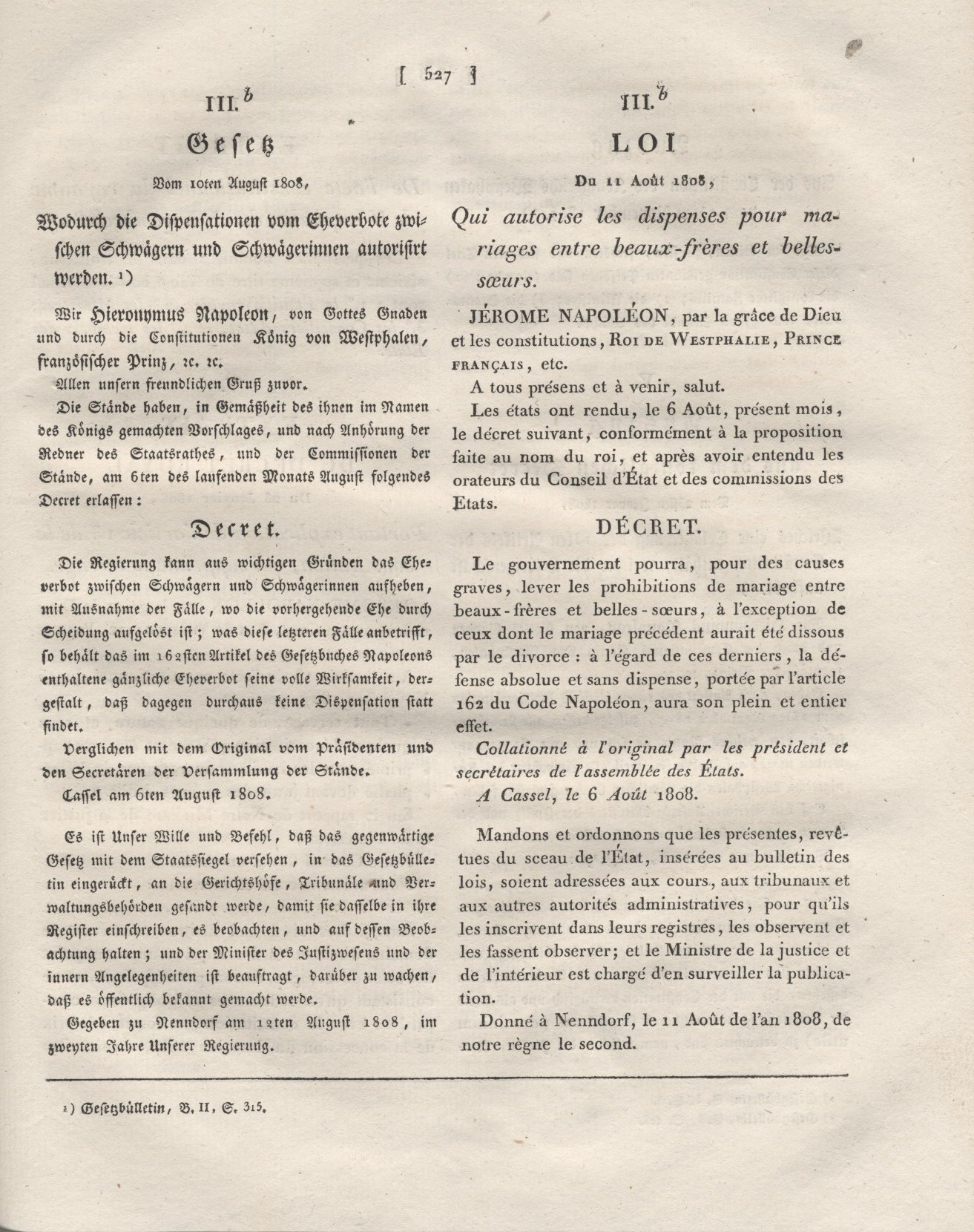 1. Auszug :  Titel, Vorwort, Einleitung, Anhänge und Inhaltsverzeichnis aus der offiziellen zweisprachige Ausgabe des Code Napoléons für das Königreich Westfalen von 1808,