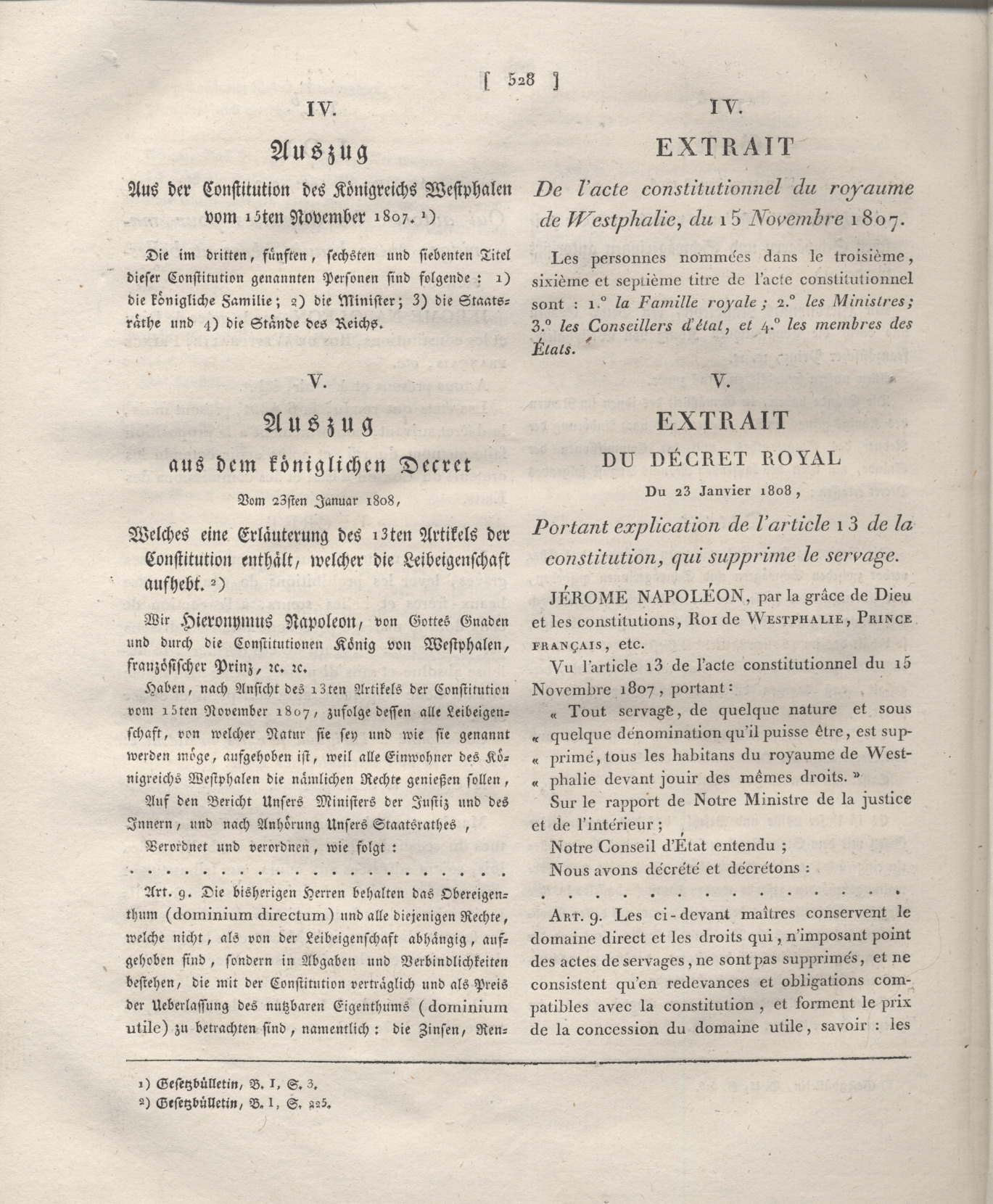 1. Auszug :  Titel, Vorwort, Einleitung, Anhänge und Inhaltsverzeichnis aus der offiziellen zweisprachige Ausgabe des Code Napoléons für das Königreich Westfalen von 1808,