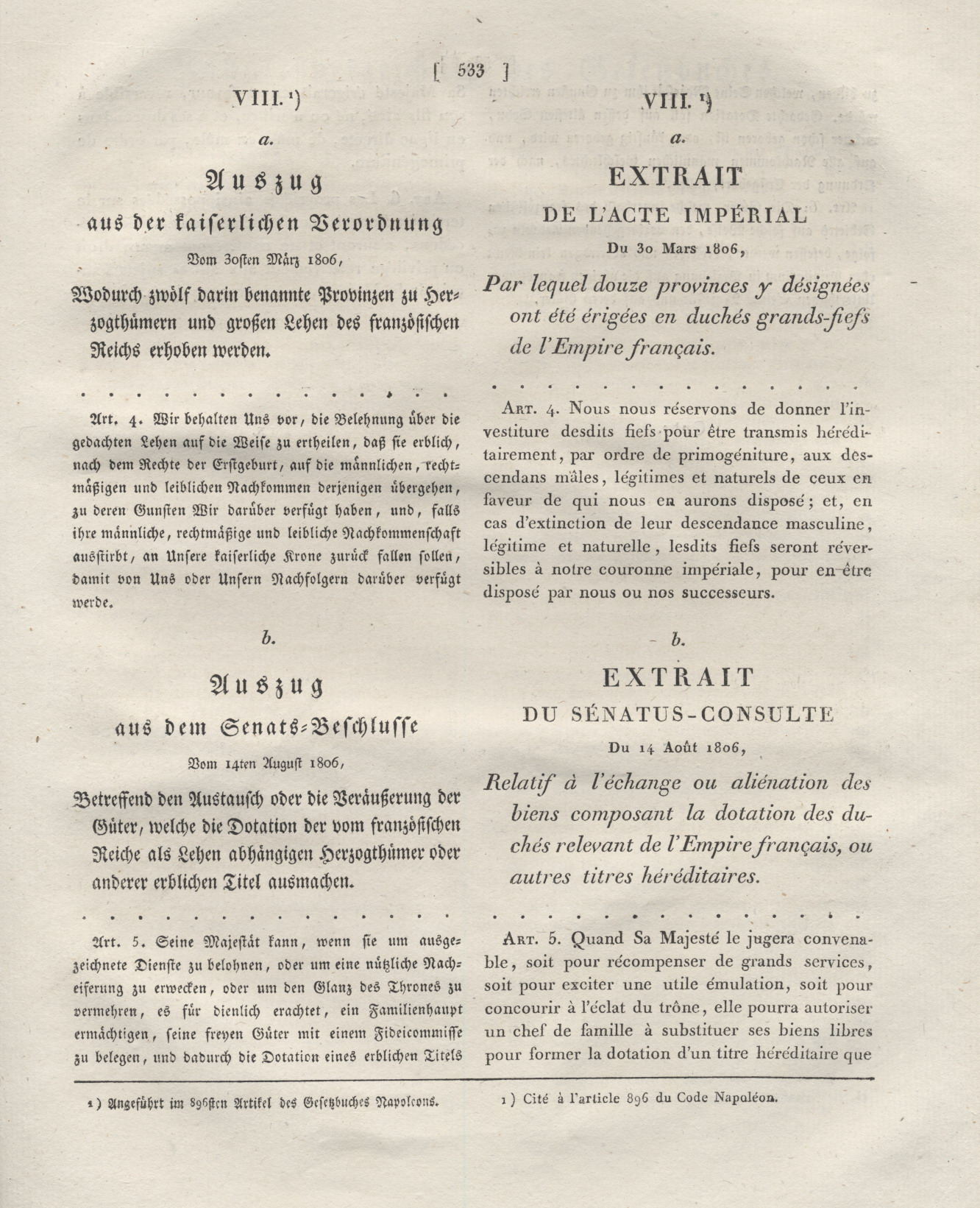 1. Auszug :  Titel, Vorwort, Einleitung, Anhänge und Inhaltsverzeichnis aus der offiziellen zweisprachige Ausgabe des Code Napoléons für das Königreich Westfalen von 1808,