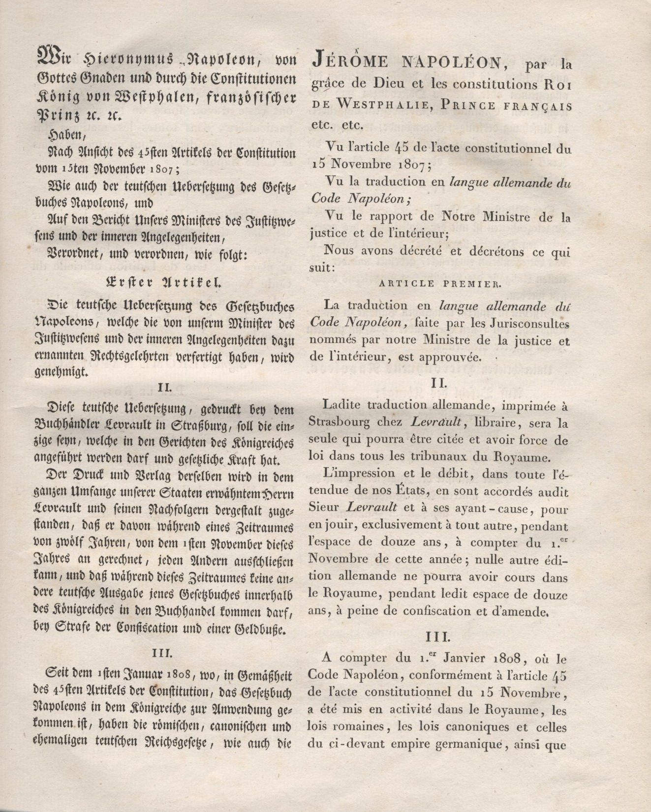 1. Auszug :  Titel, Vorwort, Einleitung, Anhänge und Inhaltsverzeichnis aus der offiziellen zweisprachige Ausgabe des Code Napoléons für das Königreich Westfalen von 1808,