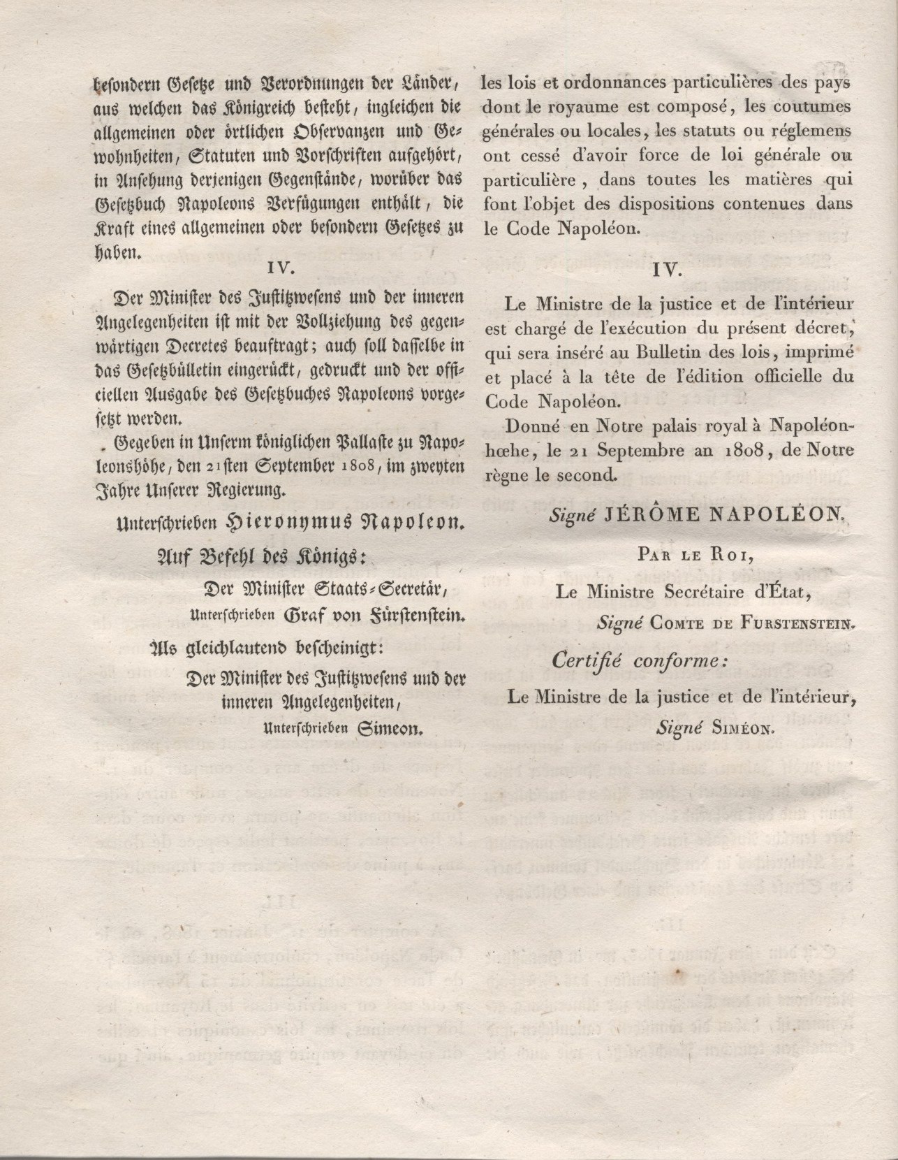 1. Auszug :  Titel, Vorwort, Einleitung, Anhänge und Inhaltsverzeichnis aus der offiziellen zweisprachige Ausgabe des Code Napoléons für das Königreich Westfalen von 1808,