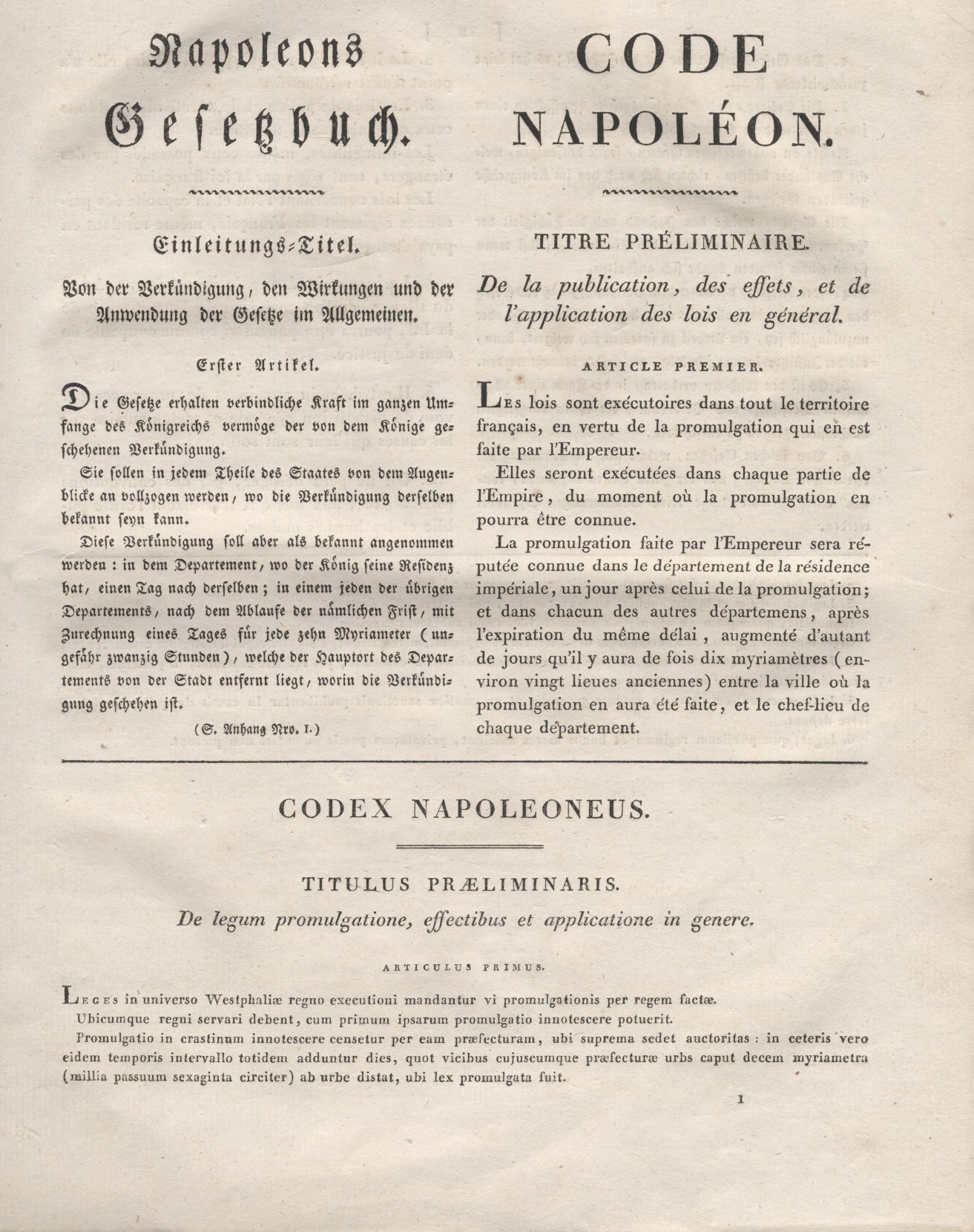 1. Auszug :  Titel, Vorwort, Einleitung, Anhänge und Inhaltsverzeichnis aus der offiziellen zweisprachige Ausgabe des Code Napoléons für das Königreich Westfalen von 1808,