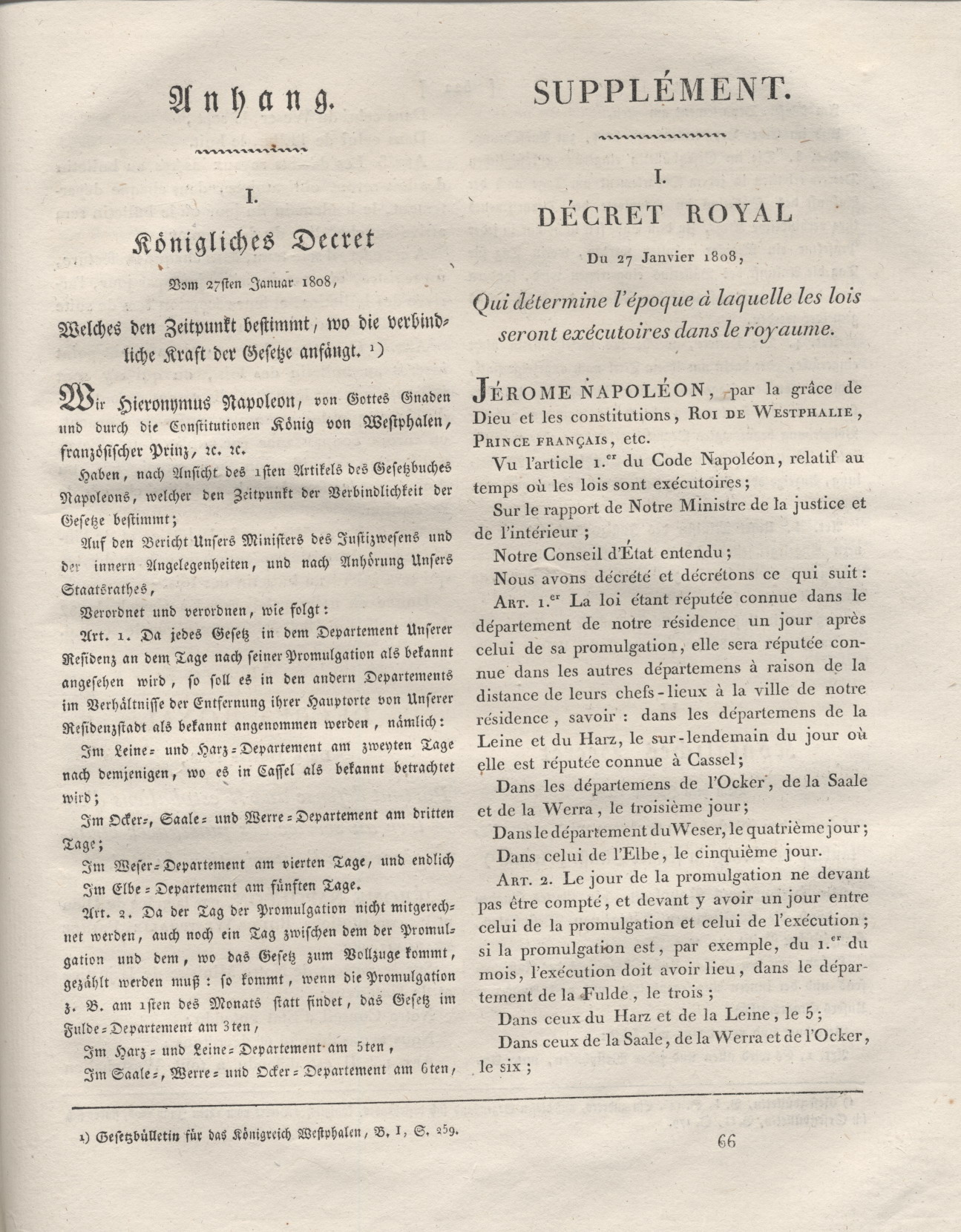 1. Auszug :  Titel, Vorwort, Einleitung, Anhänge und Inhaltsverzeichnis aus der offiziellen zweisprachige Ausgabe des Code Napoléons für das Königreich Westfalen von 1808,
