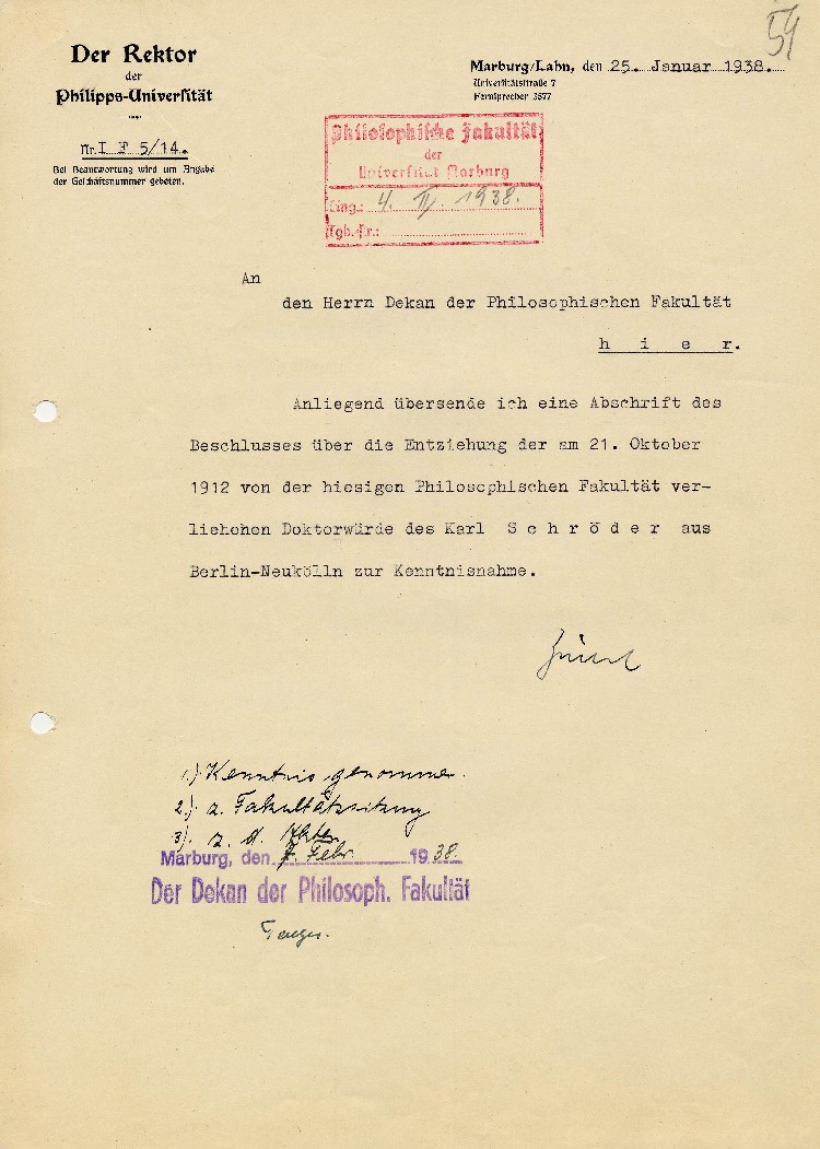 Schreiben an den Dekan der Philosophischen Fakultät in Marburg