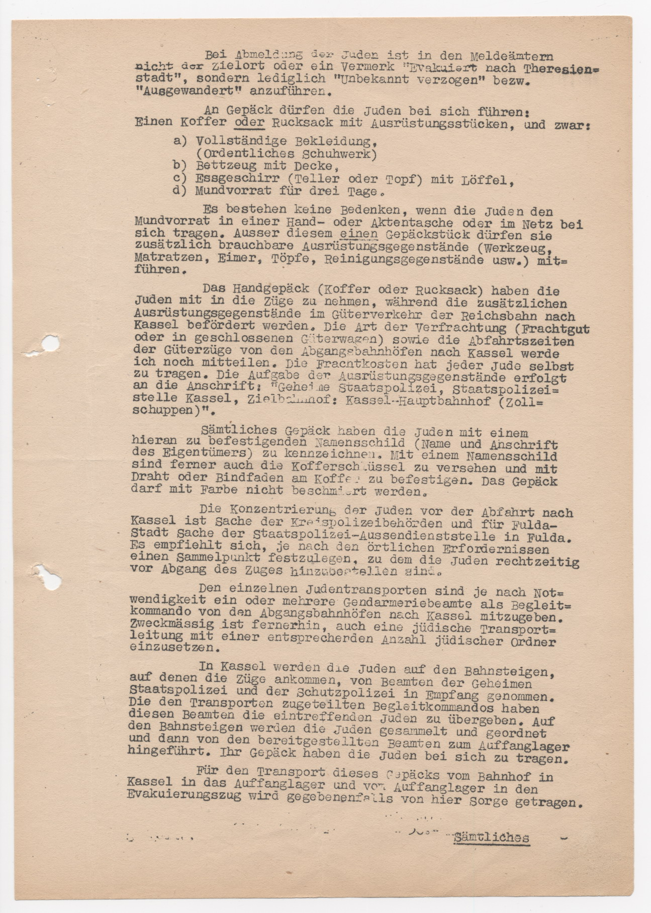 Schreiben der Geheimen Staatspolizei Kassel an die Landräte des Regierungsbezirkes Kassel, betreffend der letzten Judenevakuierung, Kassel 25.08.1942