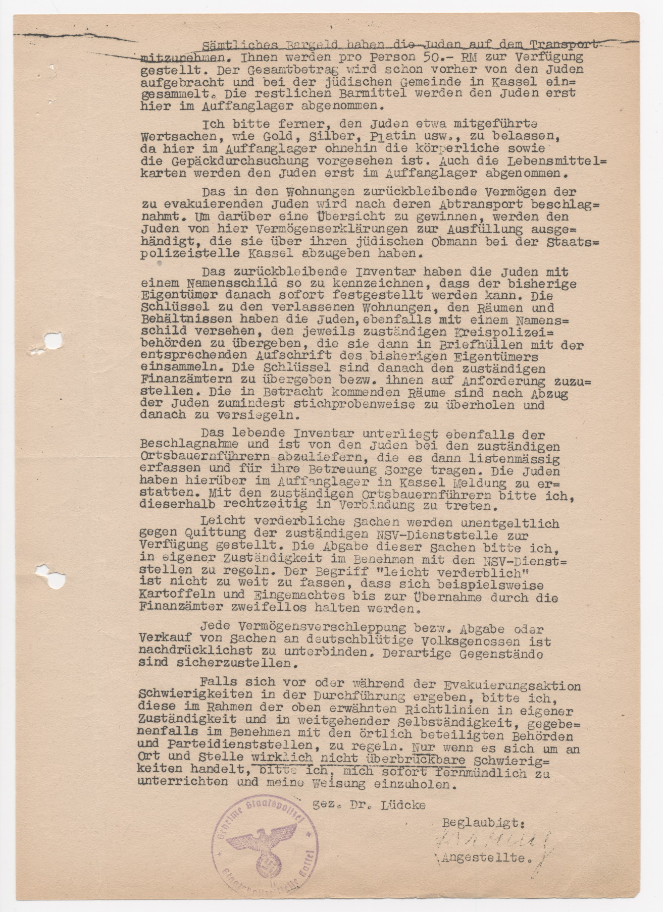 Schreiben der Geheimen Staatspolizei Kassel an die Landräte des Regierungsbezirkes Kassel, betreffend der letzten Judenevakuierung, Kassel 25.08.1942