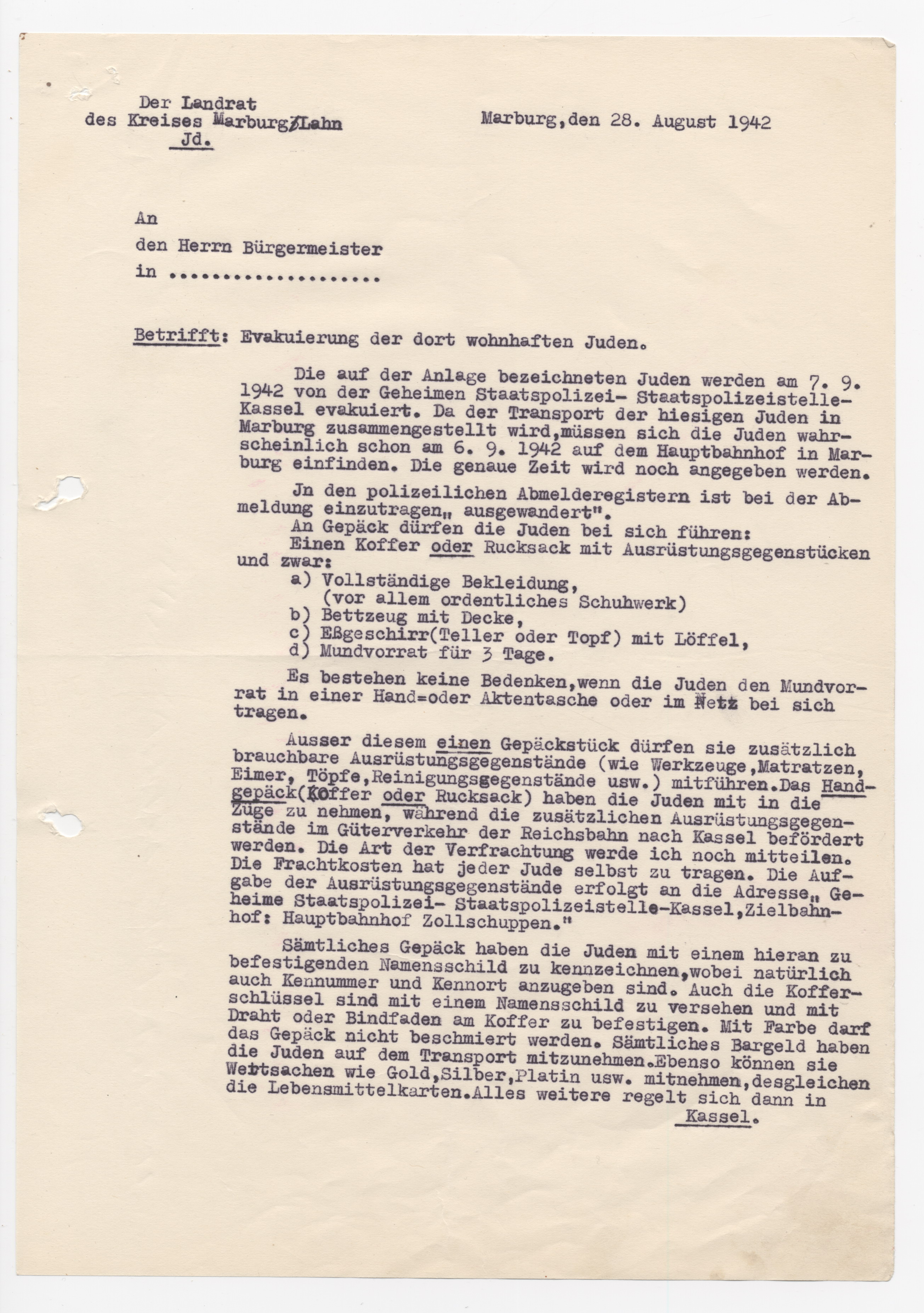 Schreiben des Marburger Landrates an den Marburger Bürgermeister, betreffend der letzten Judenevakuierung, Marburg 28.08.1942